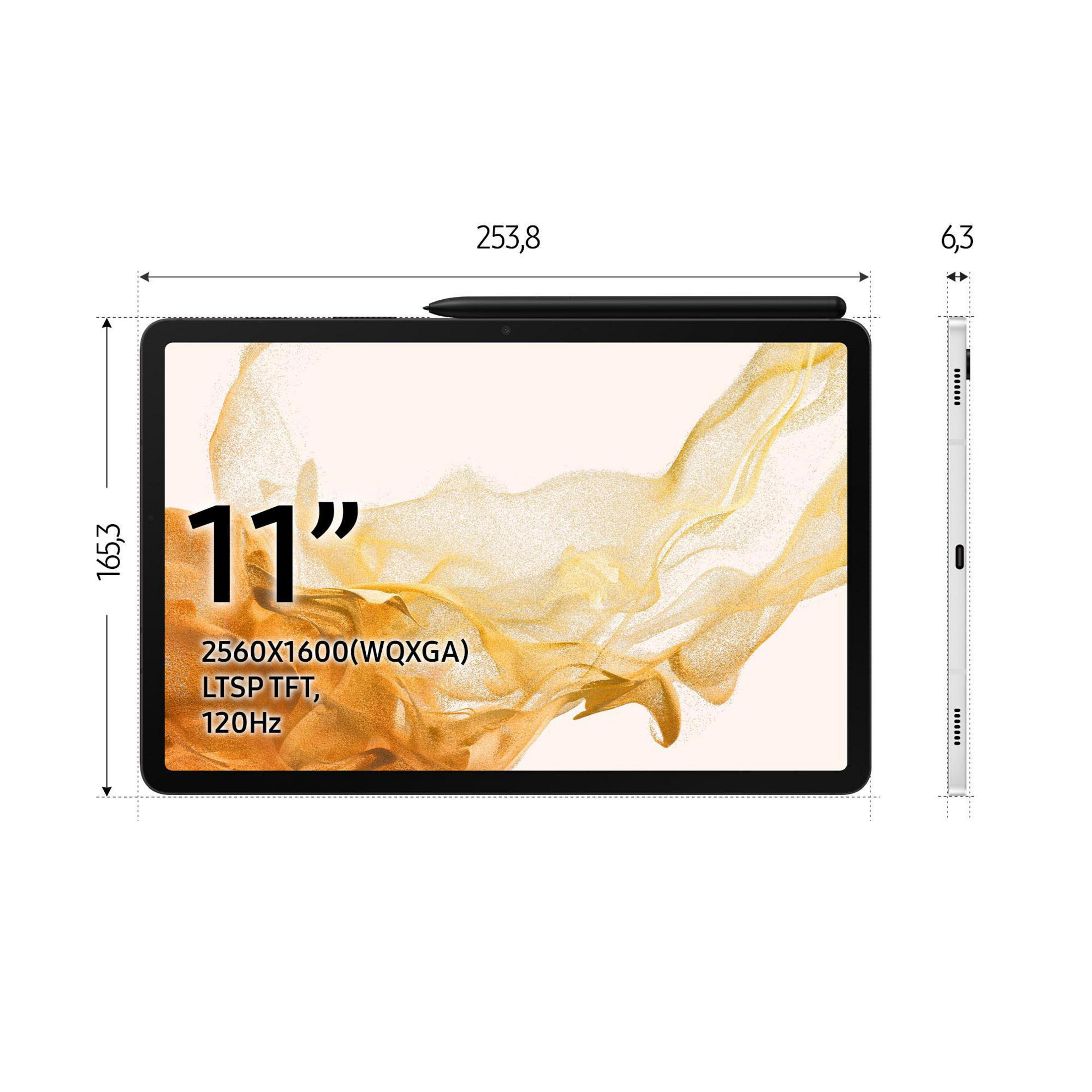 Ein Tablet mit Stift, das Abmessungen und Spezifikationen anzeigt. Es ist 11 Zoll groß mit hochauflösendem Display.