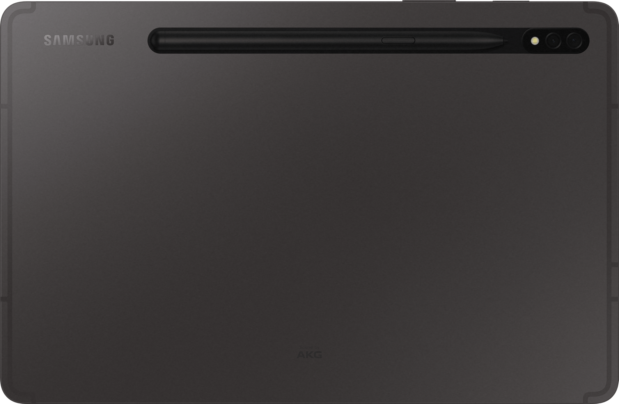 Una tableta gris oscuro con lápiz óptico y cámara. Logotipo de Samsung arriba a la izquierda.