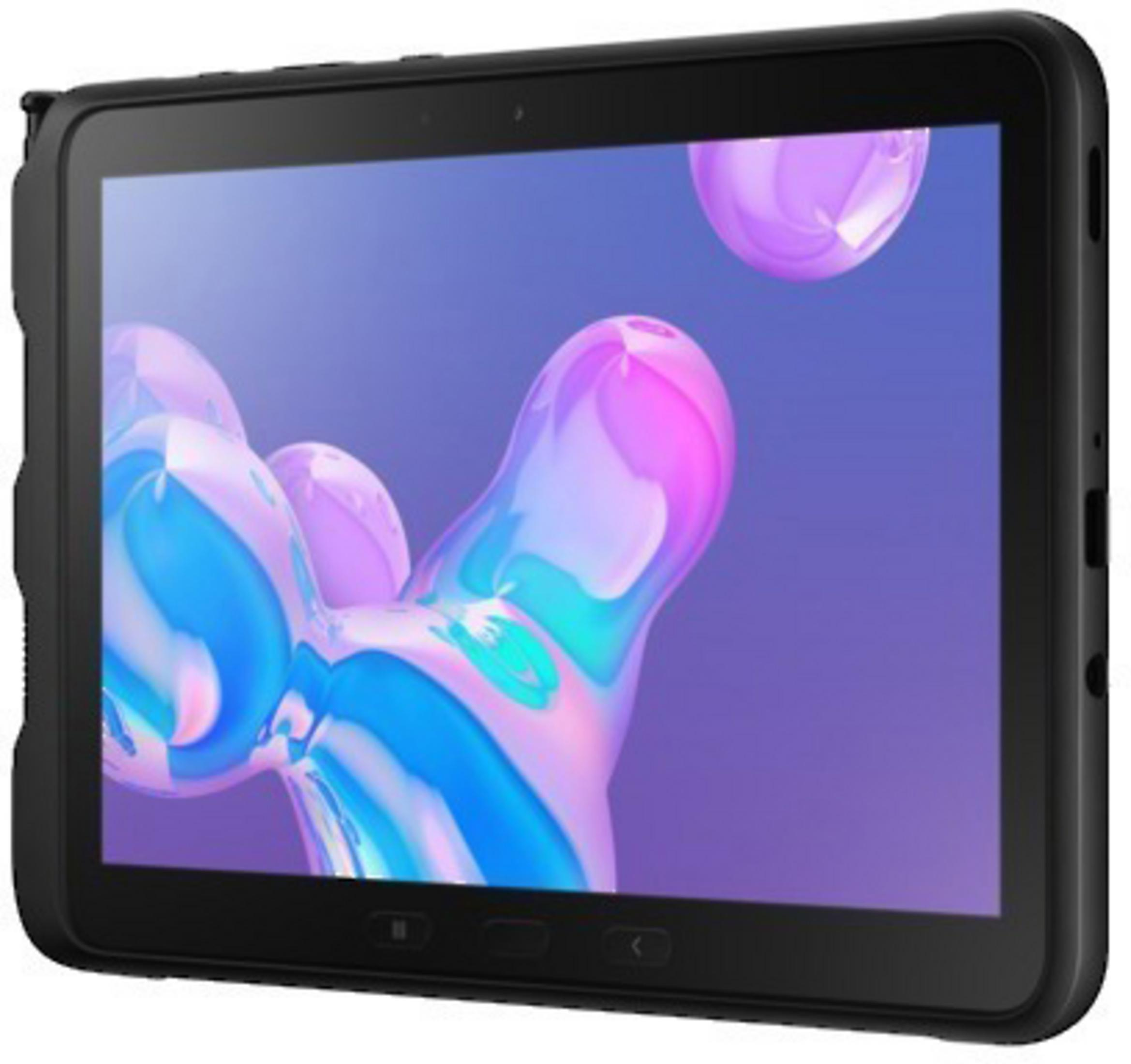 Schwarzes Tablet mit einem Bildschirm, der farbenfrohe, abstrakte Formen anzeigt, in einem schwarzen Gehäuse.