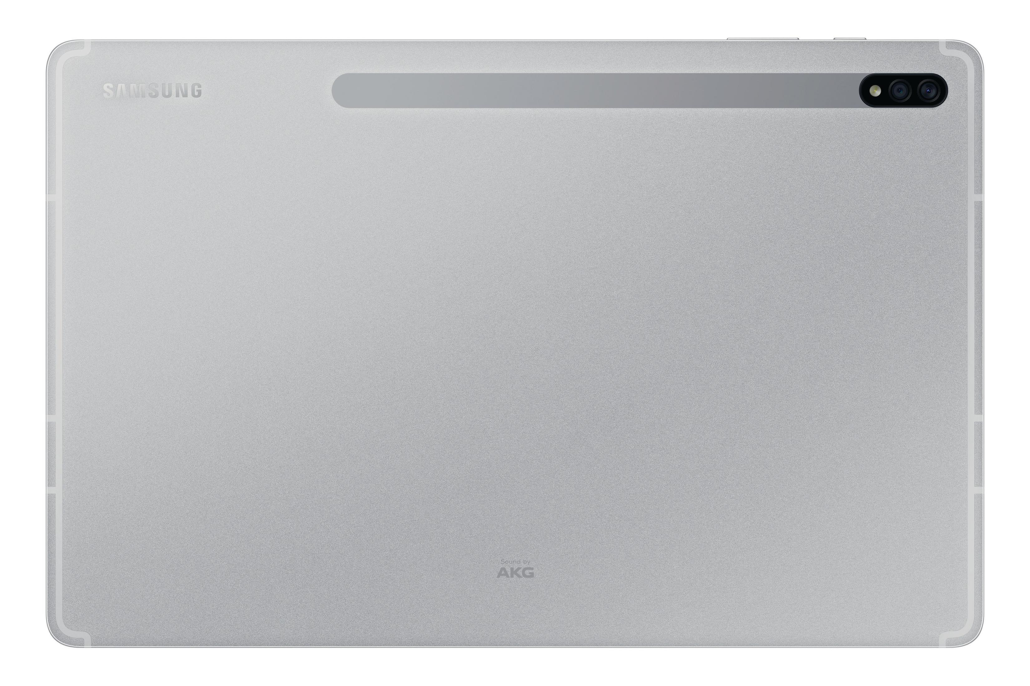 Silbernes Samsung Tablet, Rückansicht, mit Kamera und AKG-Logo. Schlankes, modernes Design.