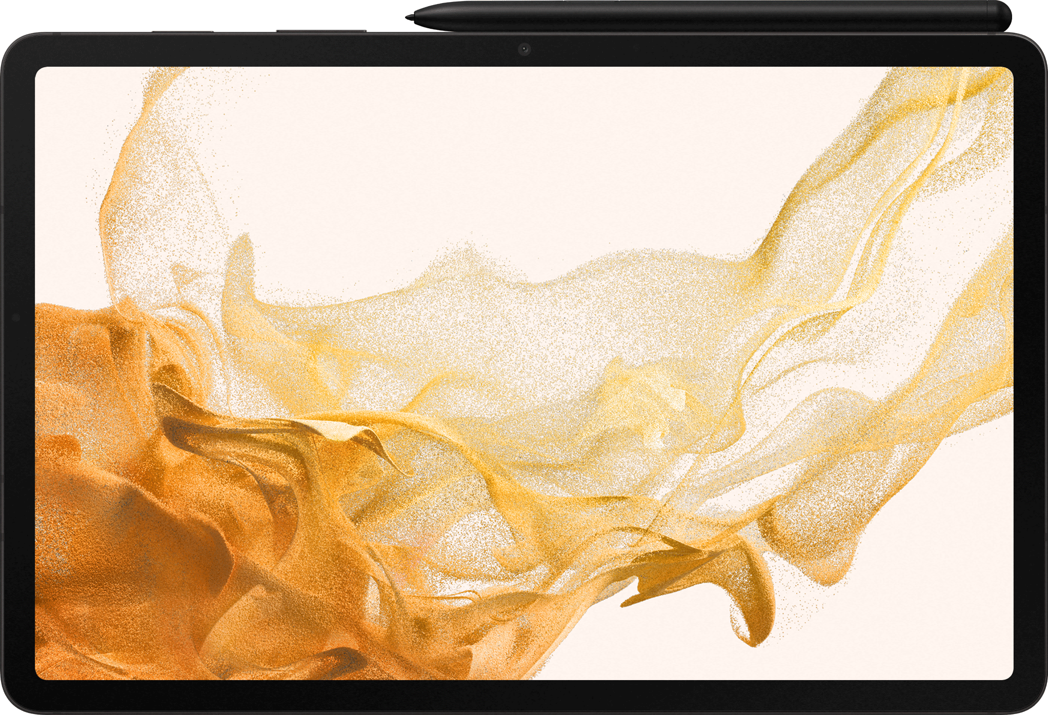Tableta con lápiz óptico encima. Diseño dorado abstracto en pantalla. Borde negro. Fondo blanco.