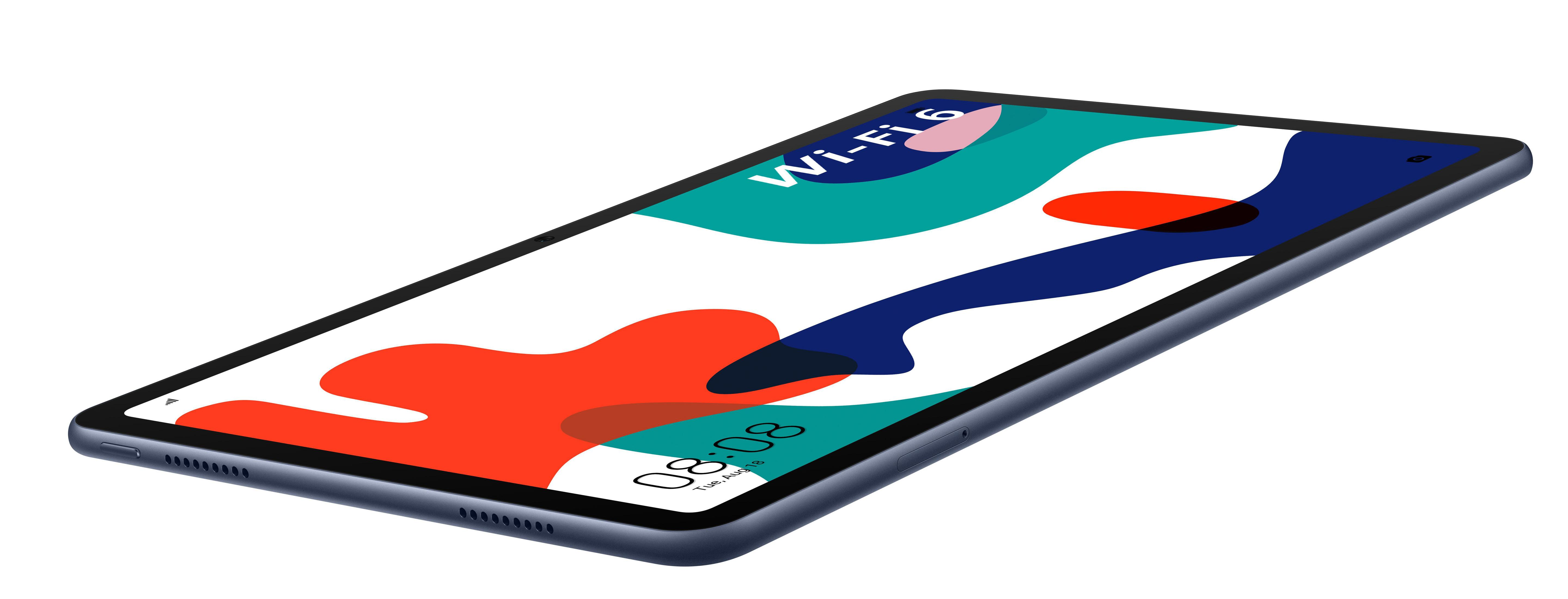 Tablet z kolorowym ekranem, lekko uniesionym do góry.