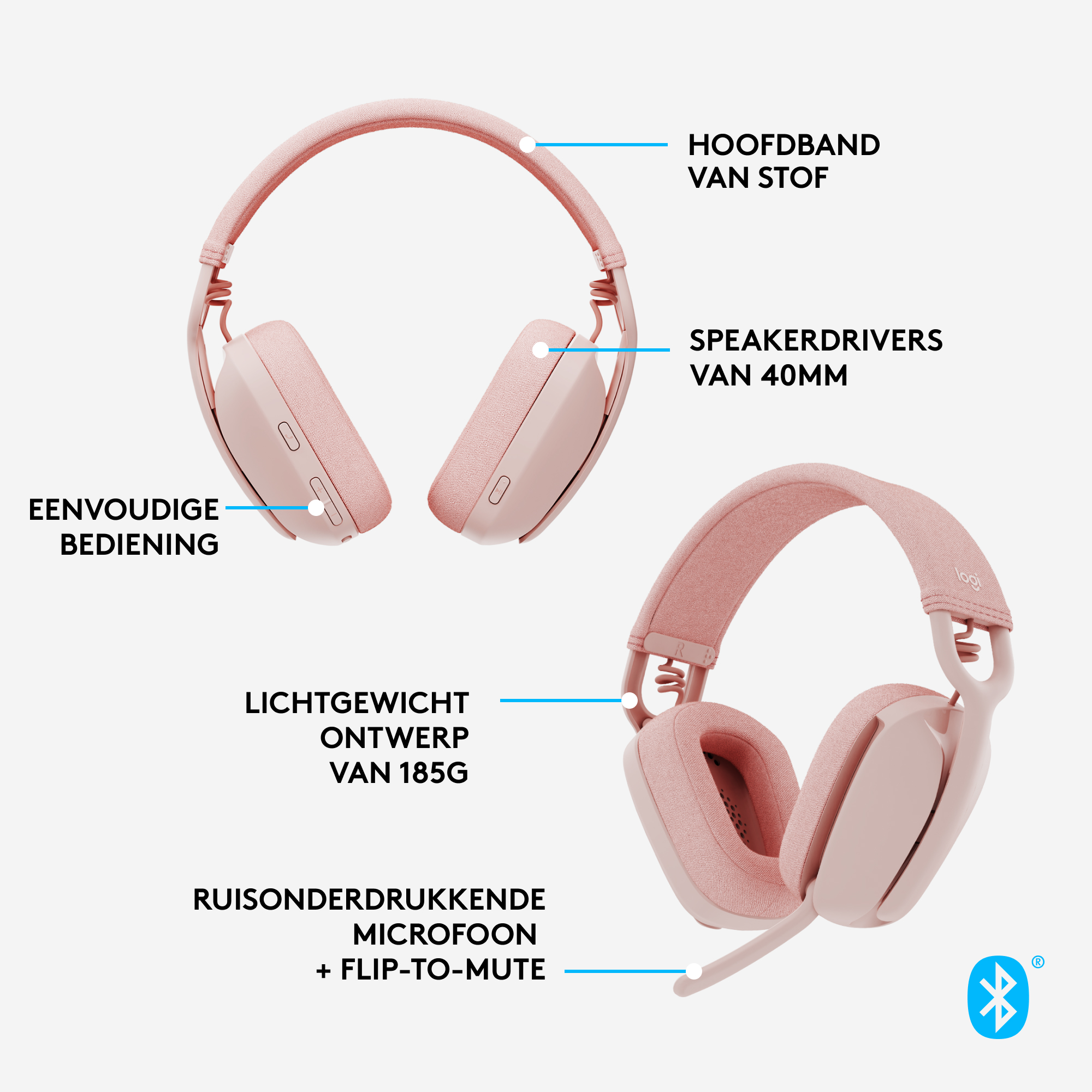 Różowe słuchawki z etykietami, logo Bluetooth. Tekst: proste sterowanie, głośniki 40 mm i mikrofon z redukcją szumów.