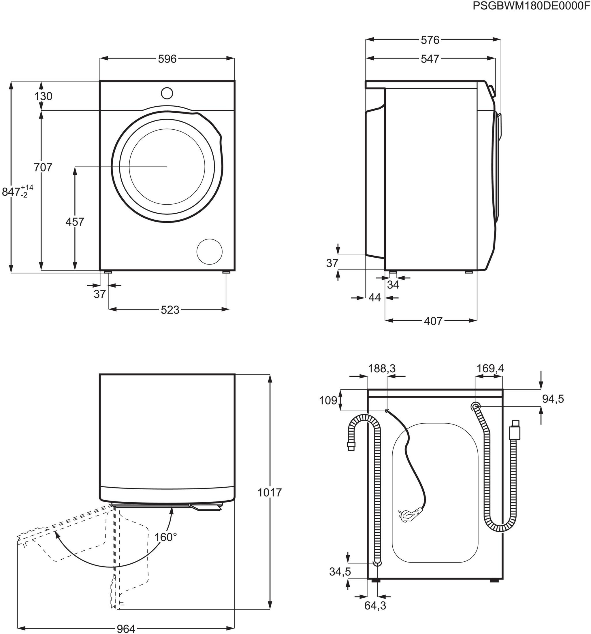 Diagramm einer Waschmaschine mit Maßangaben und Rückseite der Maschine.