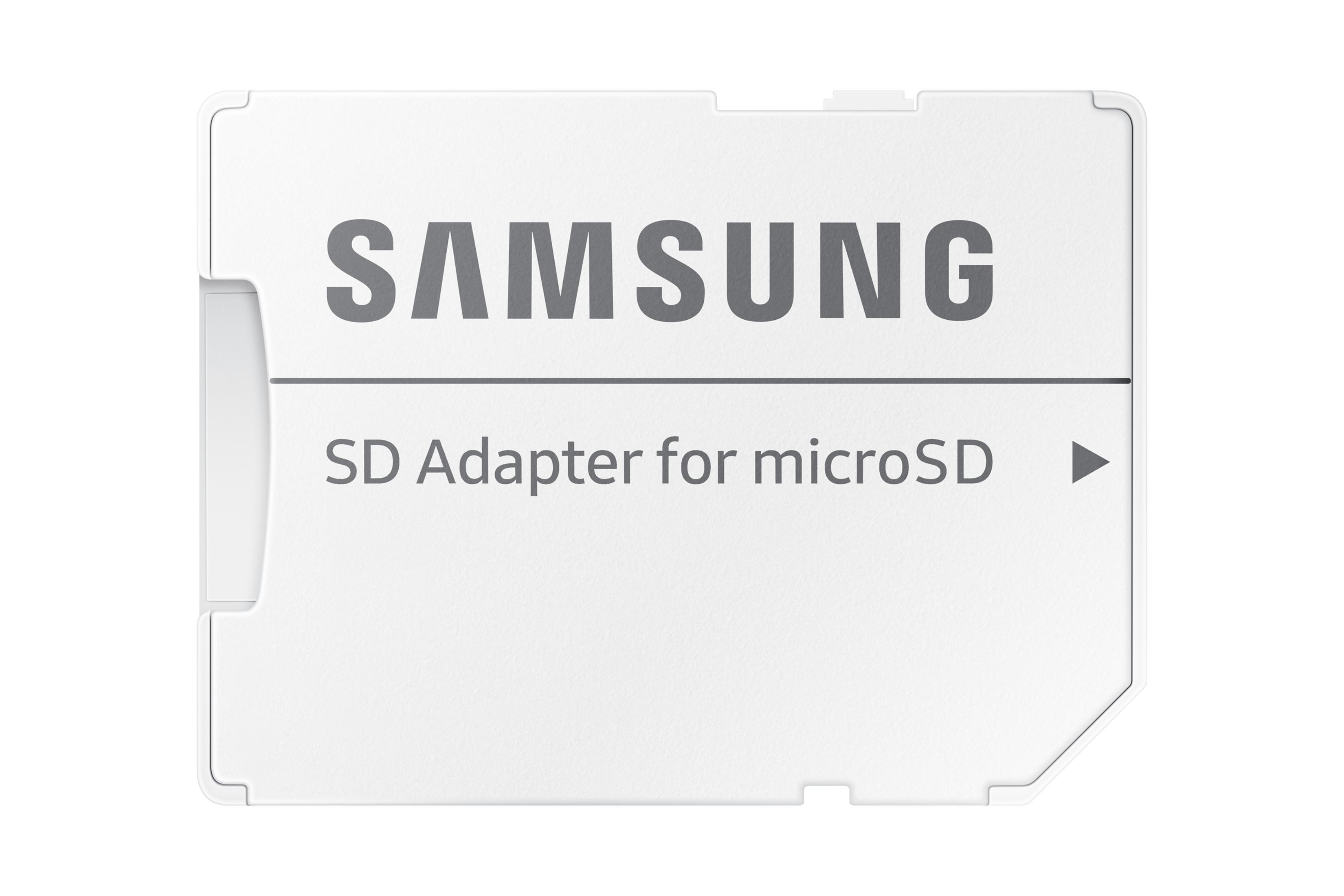 White Samsung SD adapter for microSD cards. Text and a direction arrow are visible.
