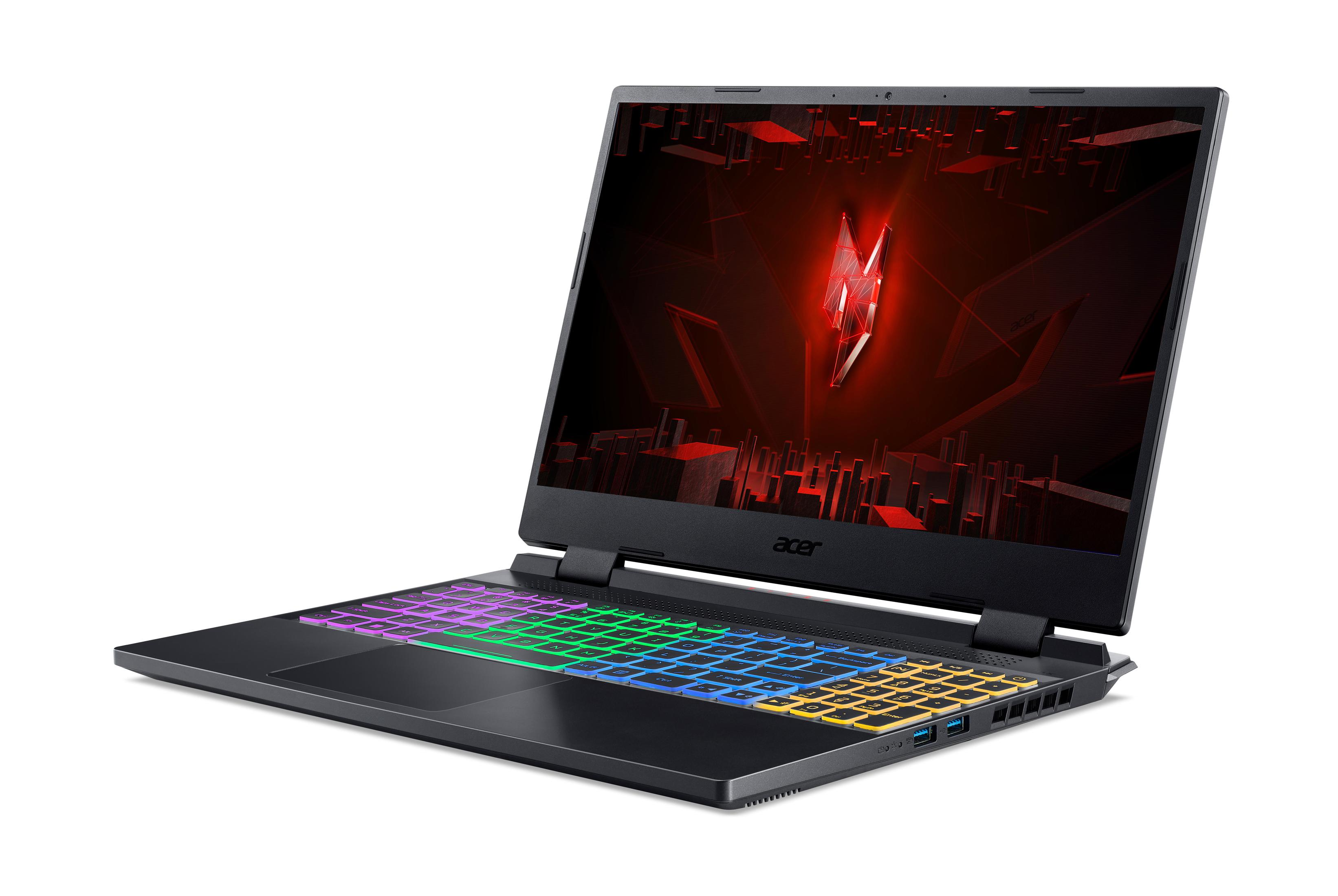 Gaming-Laptop mit bunter Tastatur und rotem Logo auf dem Bildschirm.