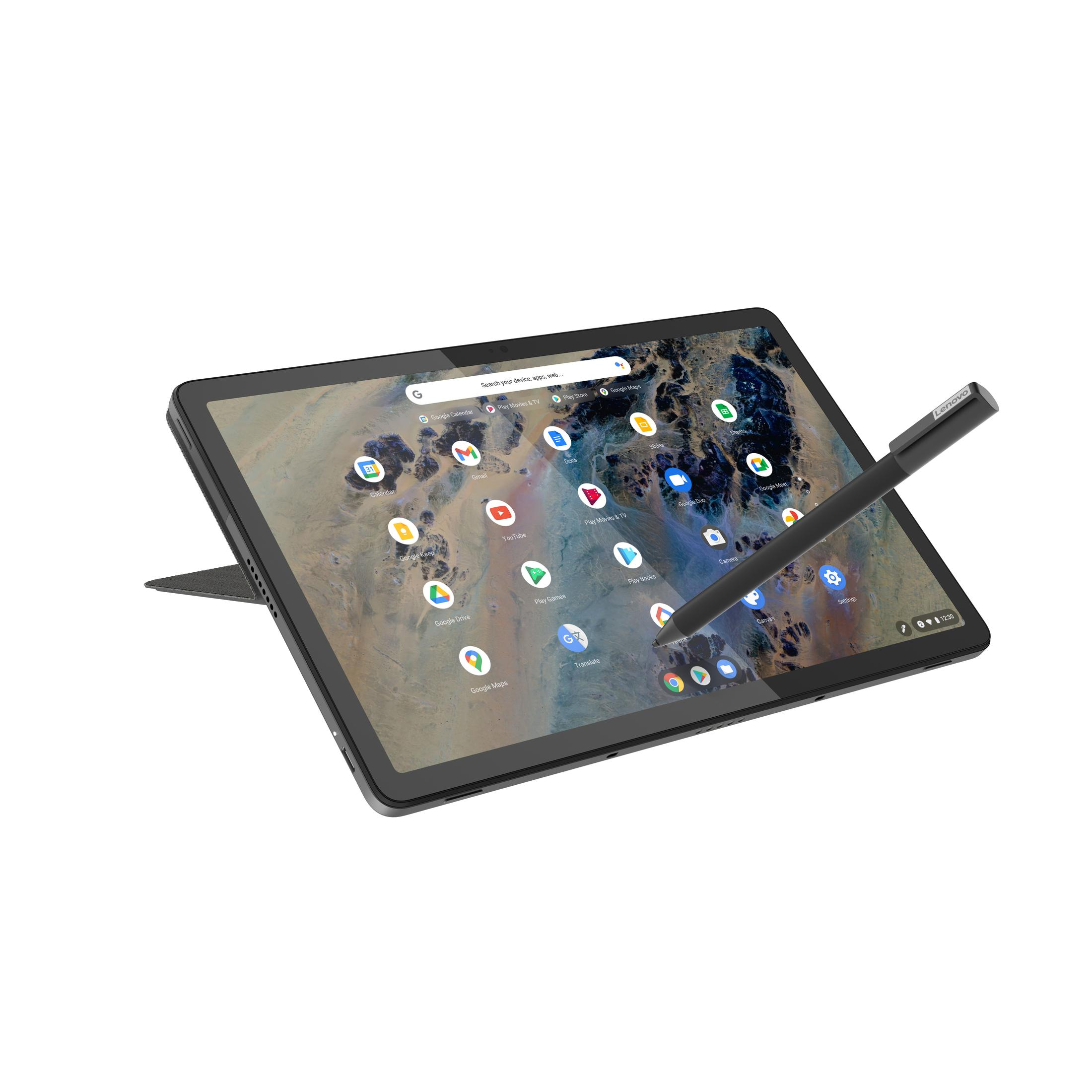 Ein schwarzes Tablet mit Stift. Der Bildschirm zeigt einen Startbildschirm mit App-Symbolen.