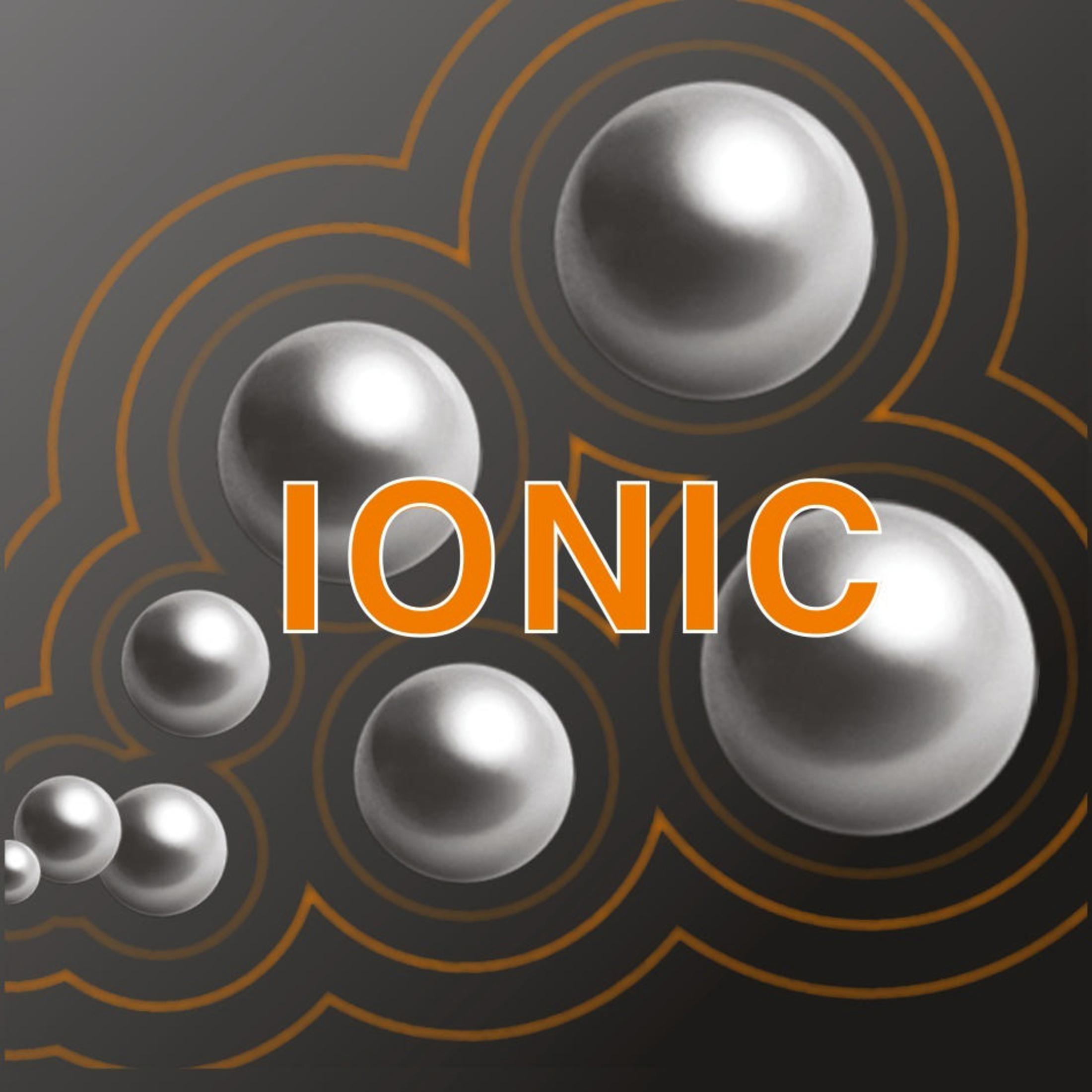 Abstrakcyjny obraz ze srebrnymi kulami i pomarańczowym napisem IONIC.