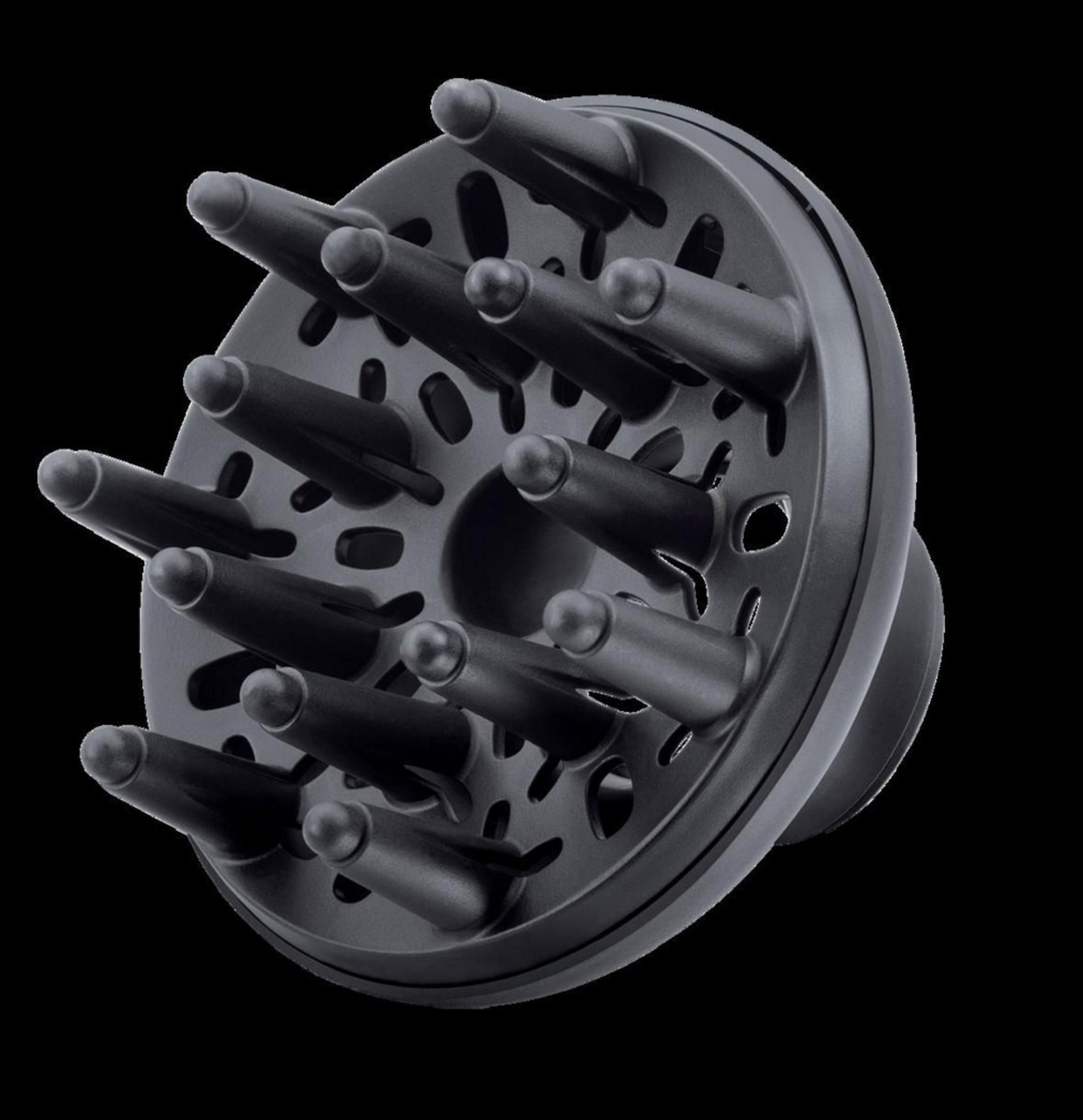 Czarny dyfuzor do suszarki do włosów z kolcami, na czarnym tle.