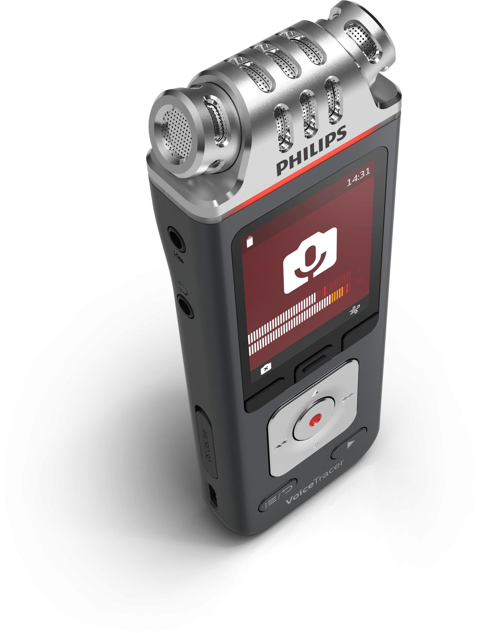 Czarny cyfrowy rejestrator głosu Philips Voice Tracer z czerwonym paskiem i ekranem.