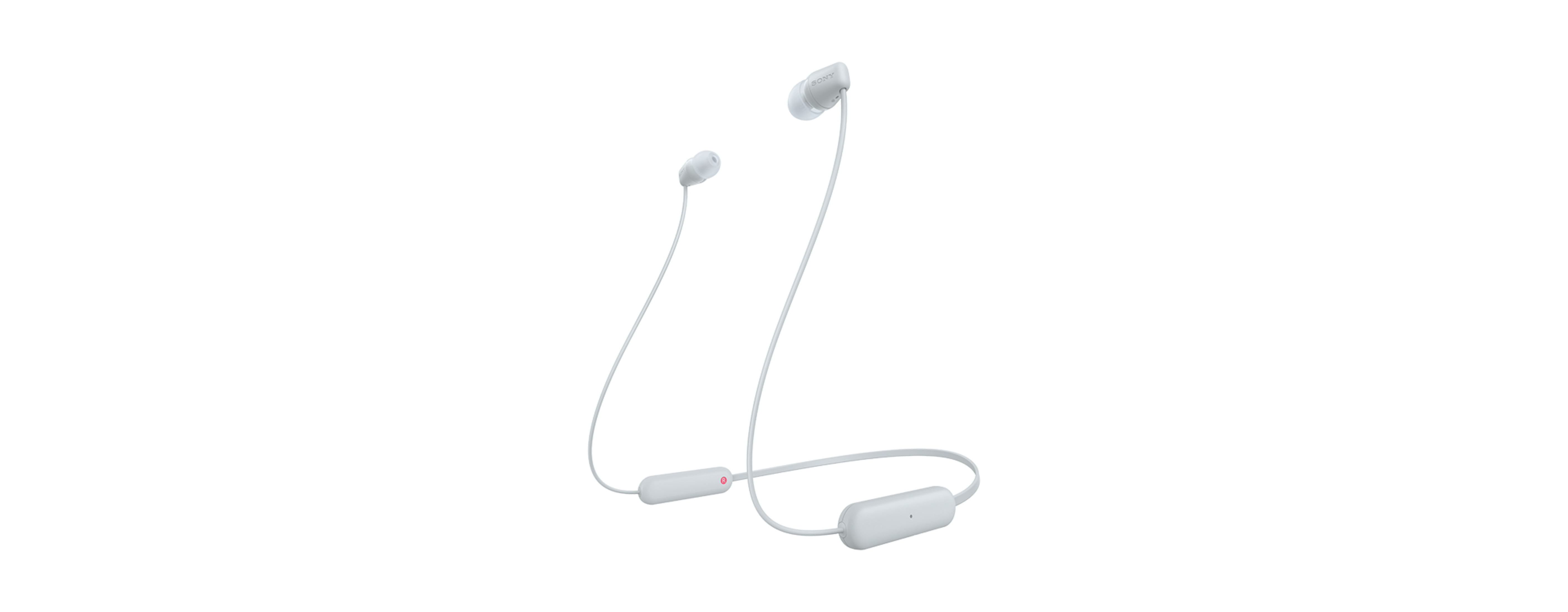 Écouteurs sans fil blancs avec câble de connexion, sur fond blanc.