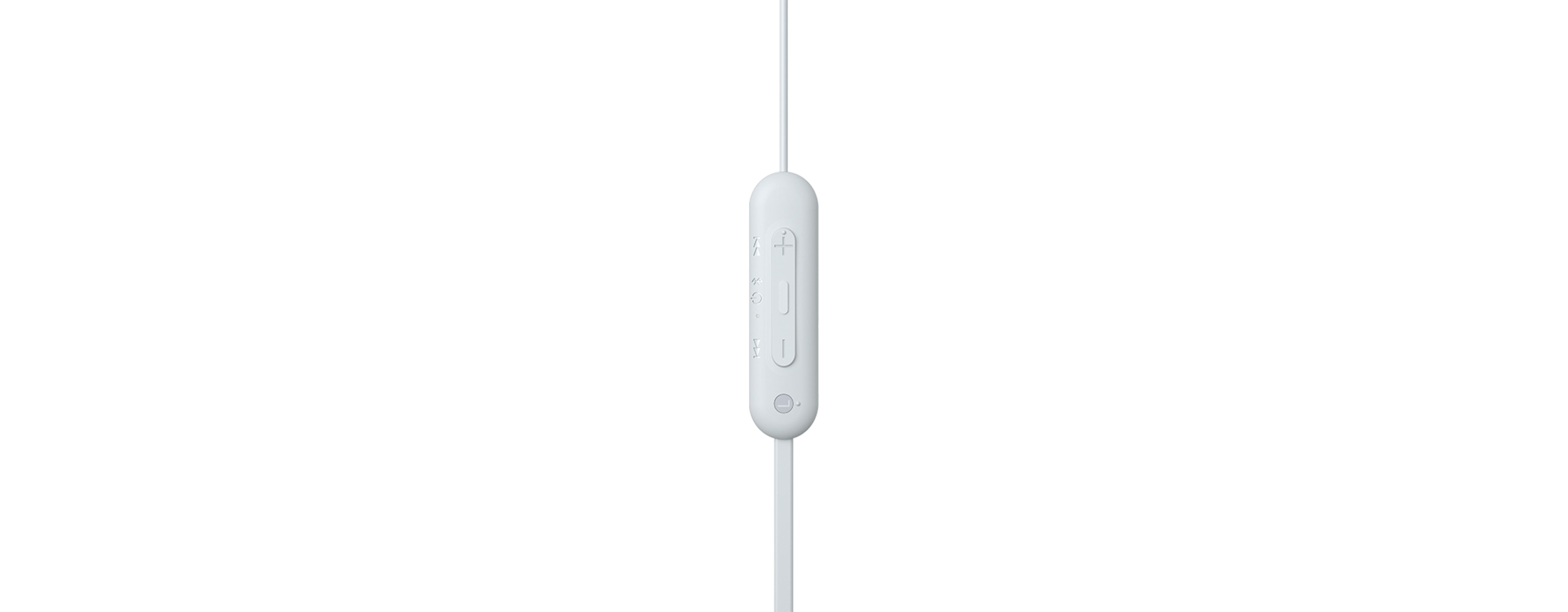 Panneau de contrôle Beats blanc sur un câble blanc. Il y a des boutons pour le volume et le contrôle.