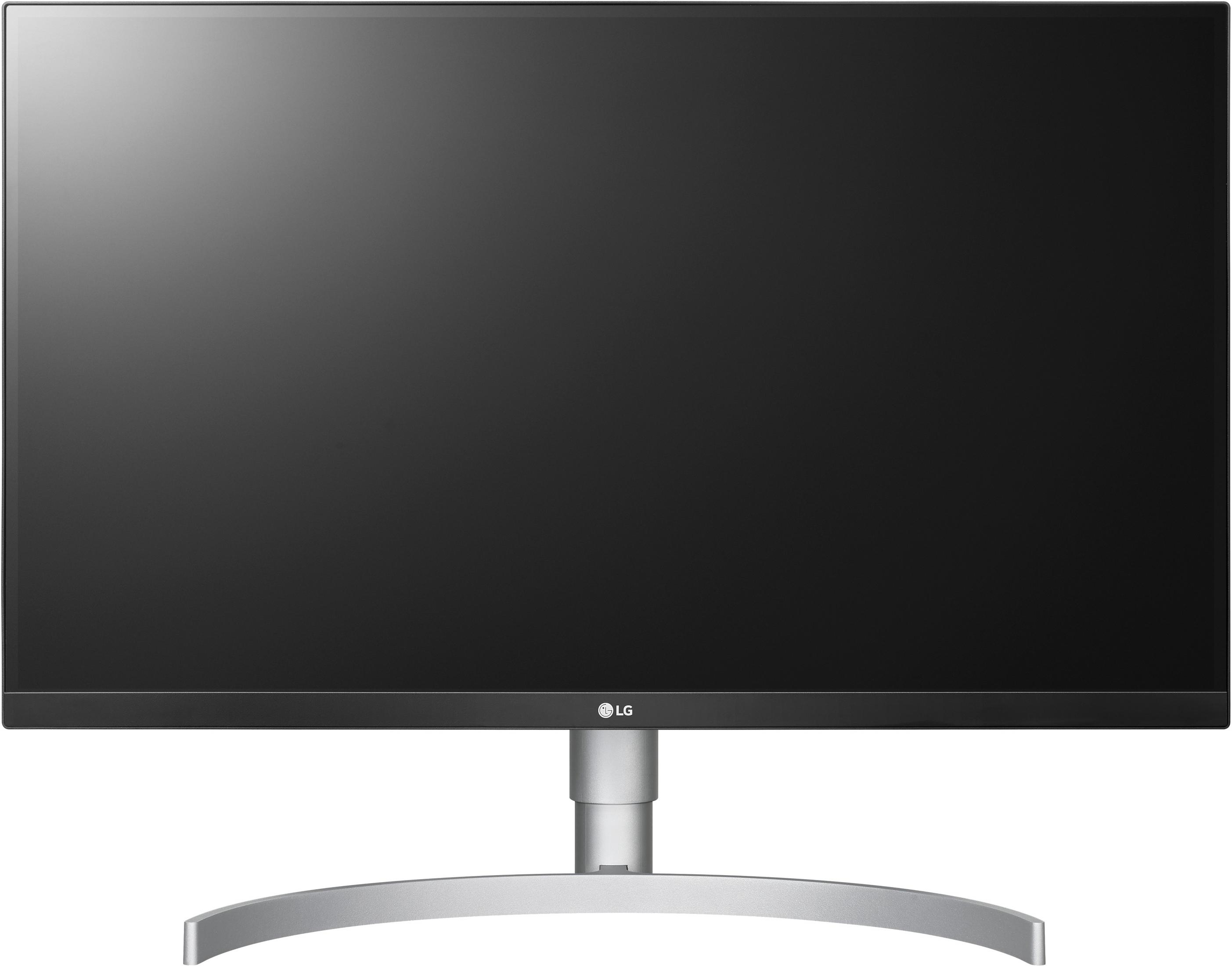 Un grande monitor LG. Lo schermo è nero, con un supporto e una base argentati.