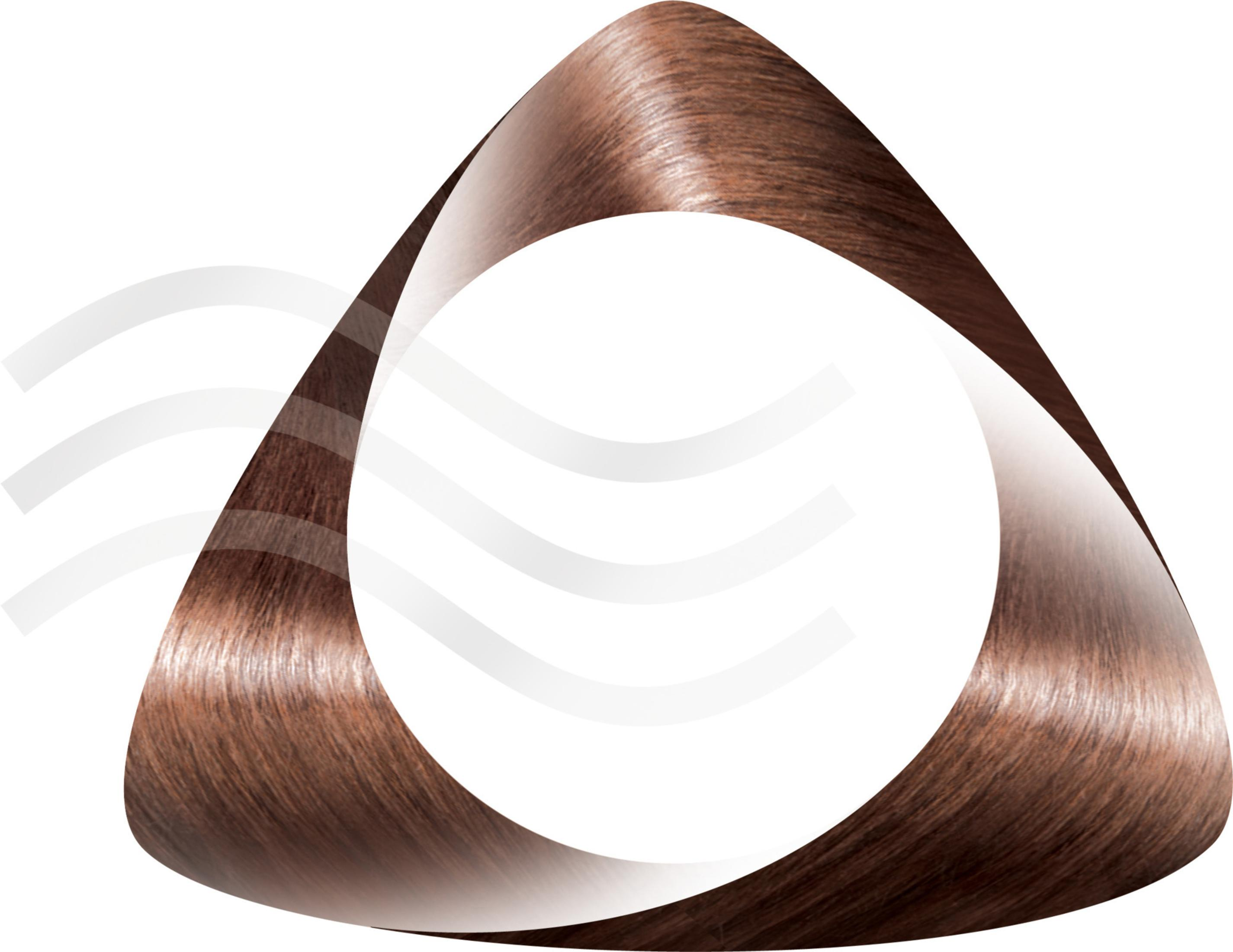 Brązowy, wirujący kształt z białymi liniami, prawdopodobnie włosy lub logo.