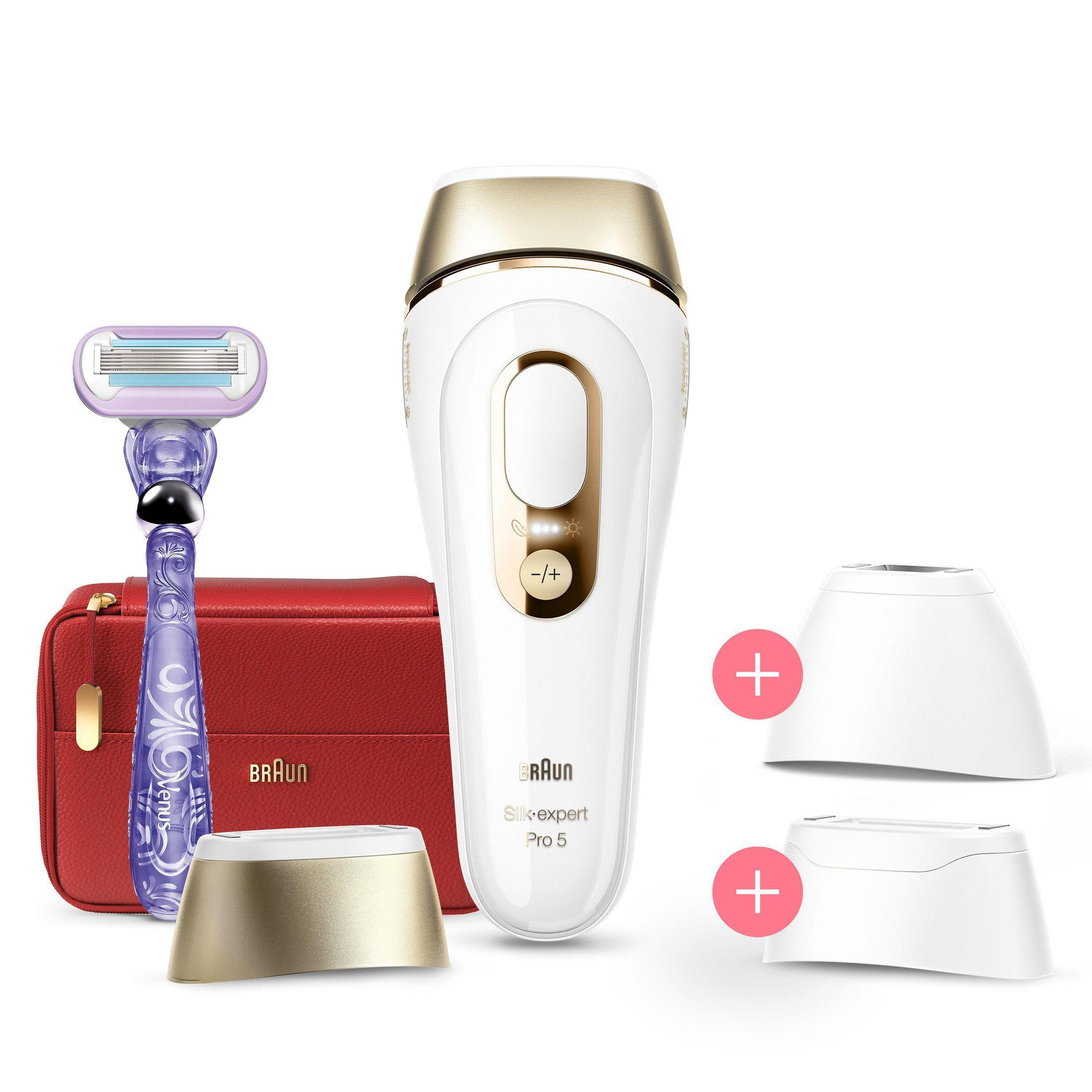 Urządzenie IPL Braun Silk-expert Pro 5, maszynka do golenia i akcesoria, w tym etui.