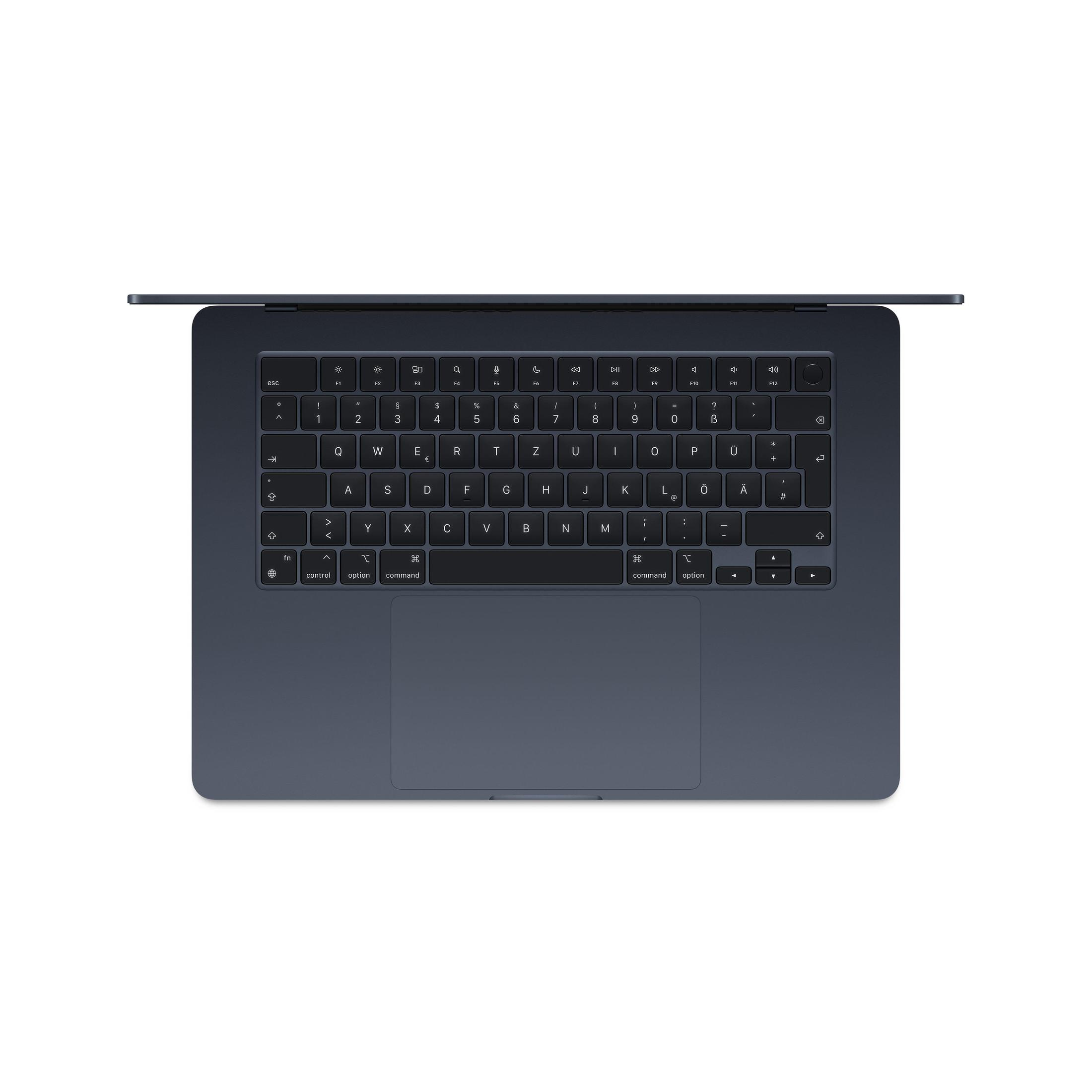 Eine Laptop-Tastatur, Draufsicht, dunkelblaue Farbe.