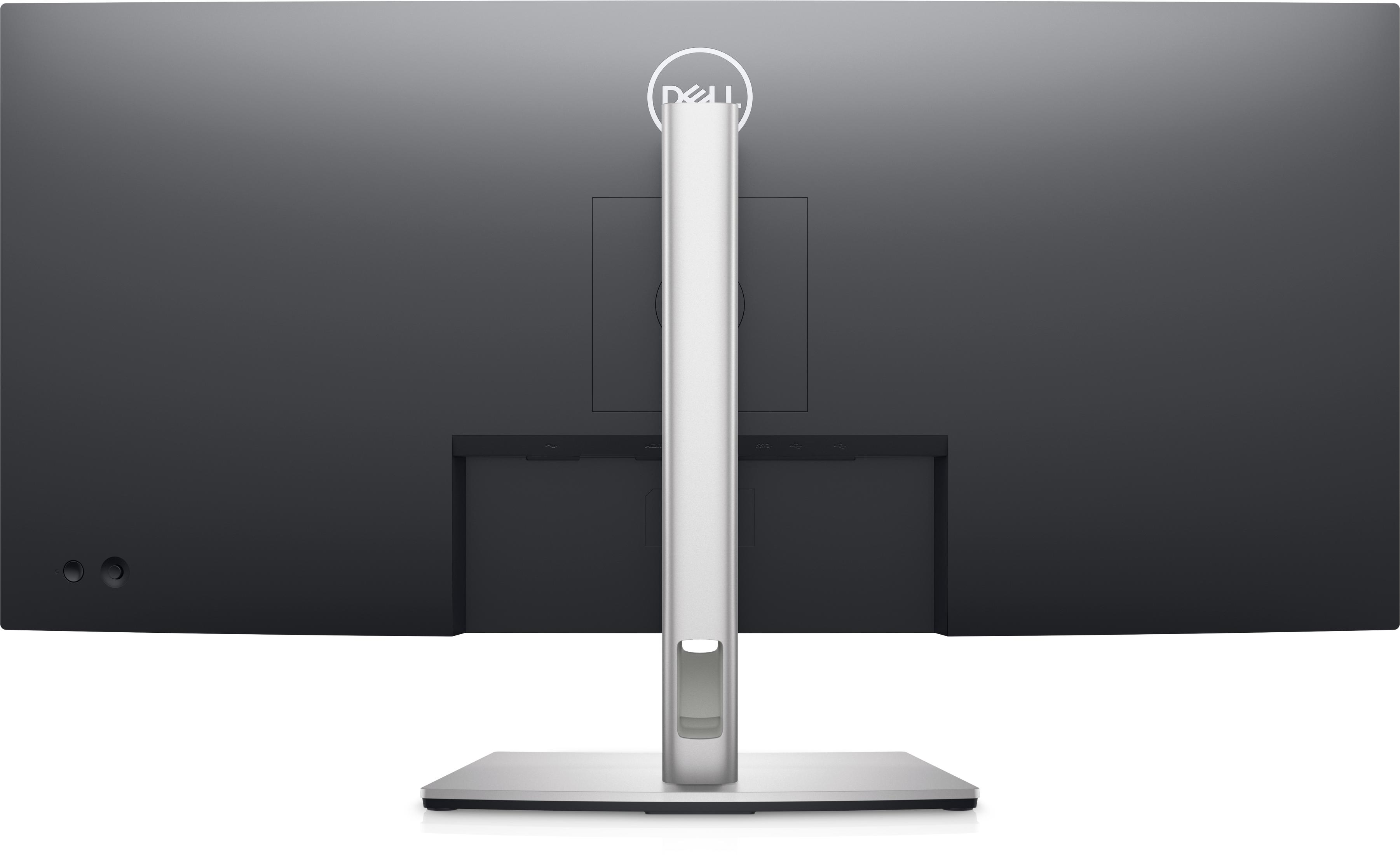 Widok z tyłu monitora Dell. Jest czarny ze stojakiem i logo Dell u góry.