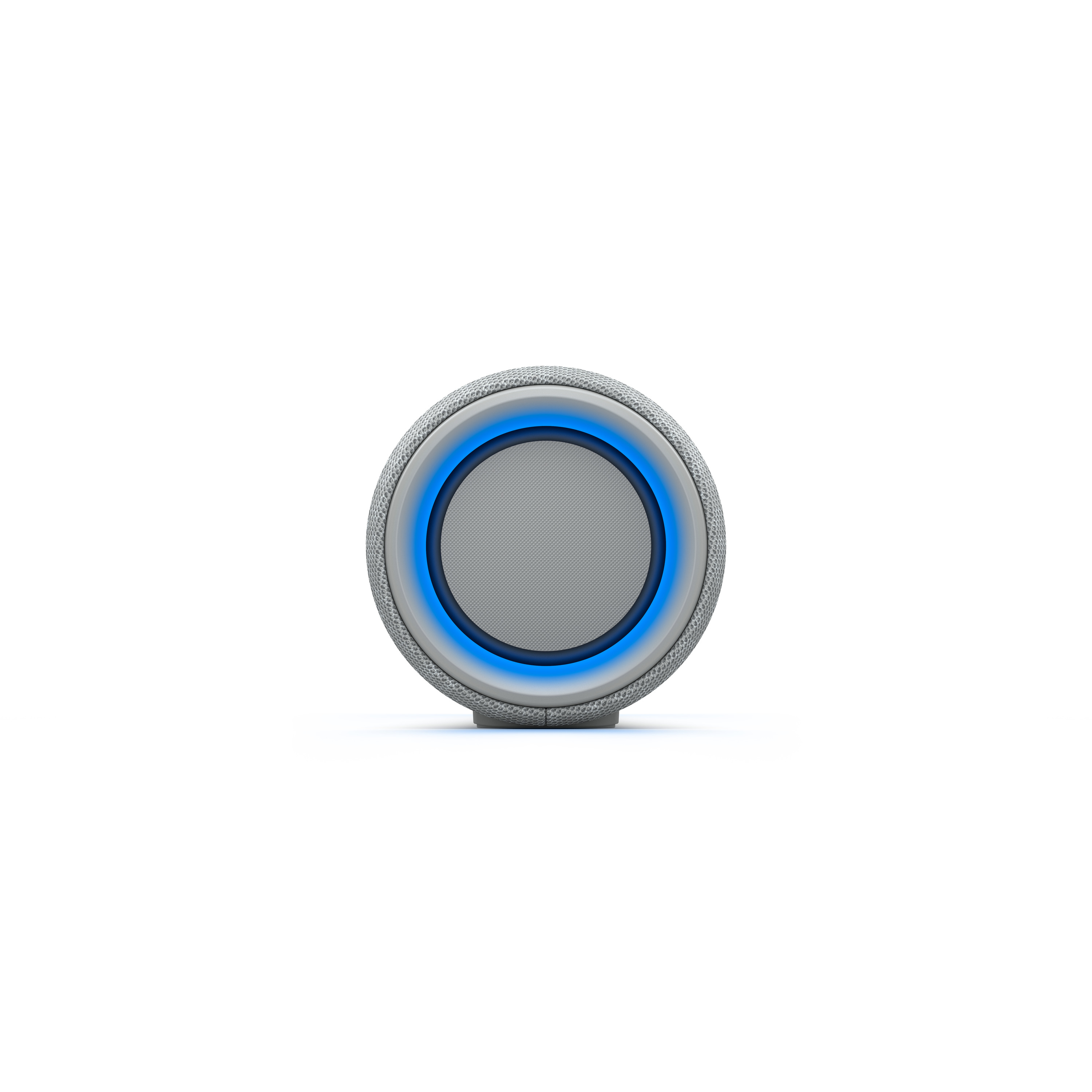 Ein grauer, runder Lautsprecher mit einem blauen Lichtring in der Mitte.