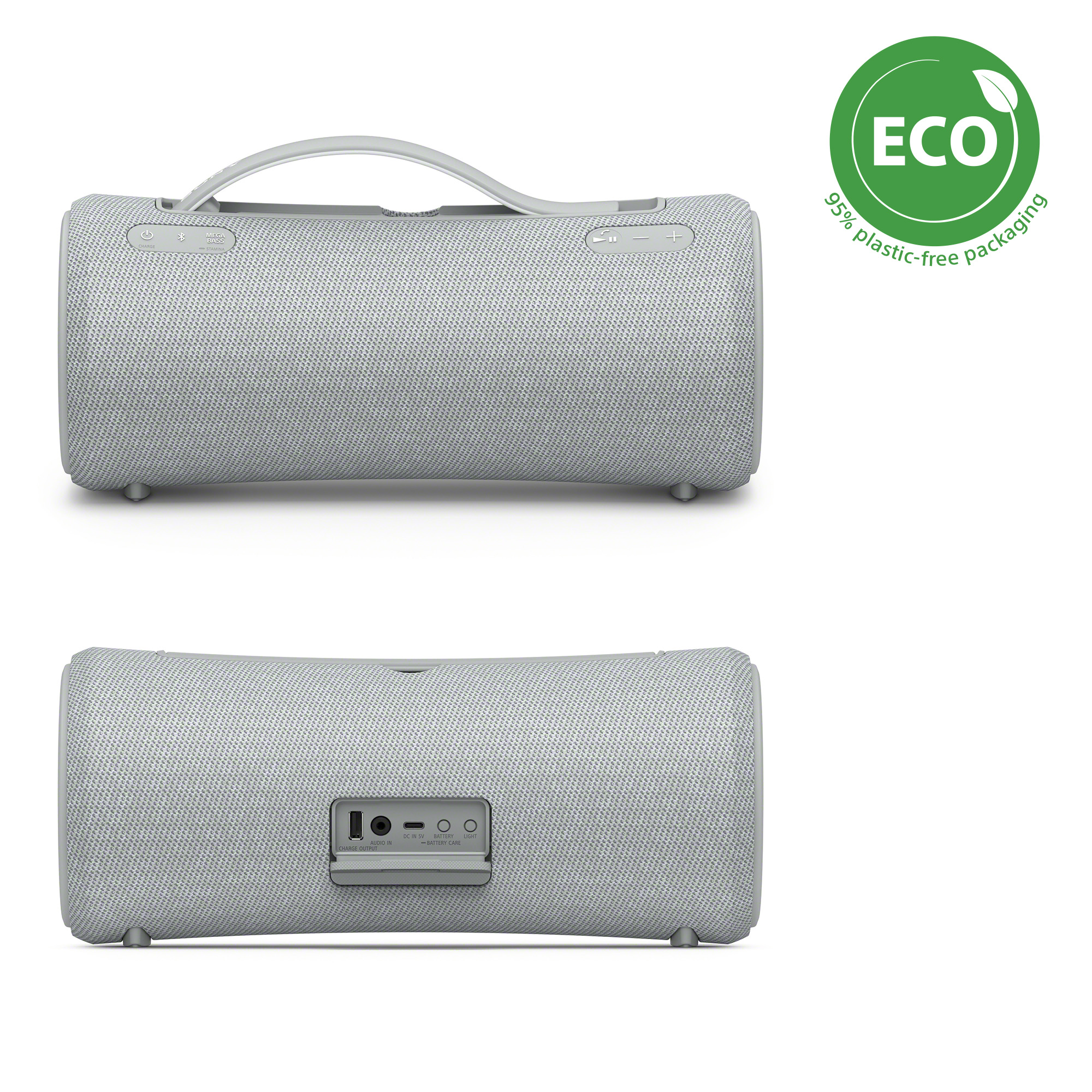 Zwei Ansichten eines grauen Lautsprechers mit Griff und ECO-Label, zeigt plastikfreie Verpackung.