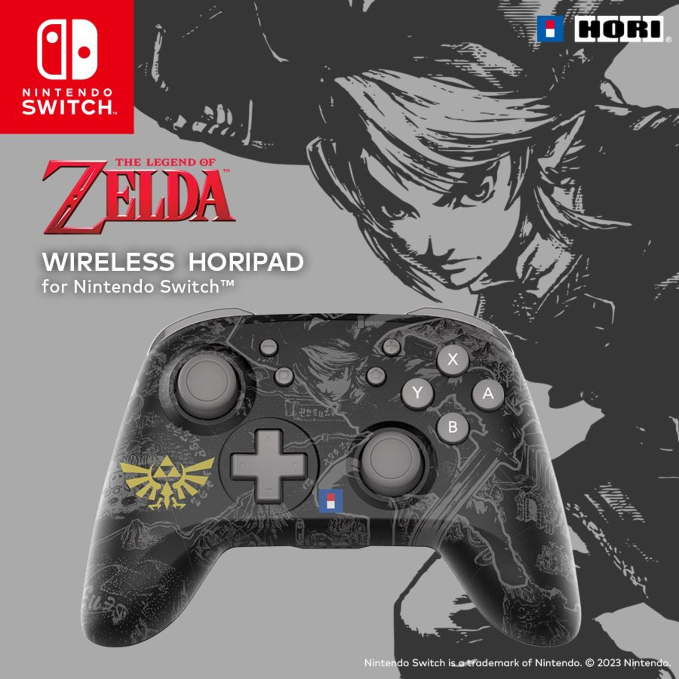 Czarny bezprzewodowy kontroler Zelda dla Nintendo Switch, z grafiką z gry i przyciskami.