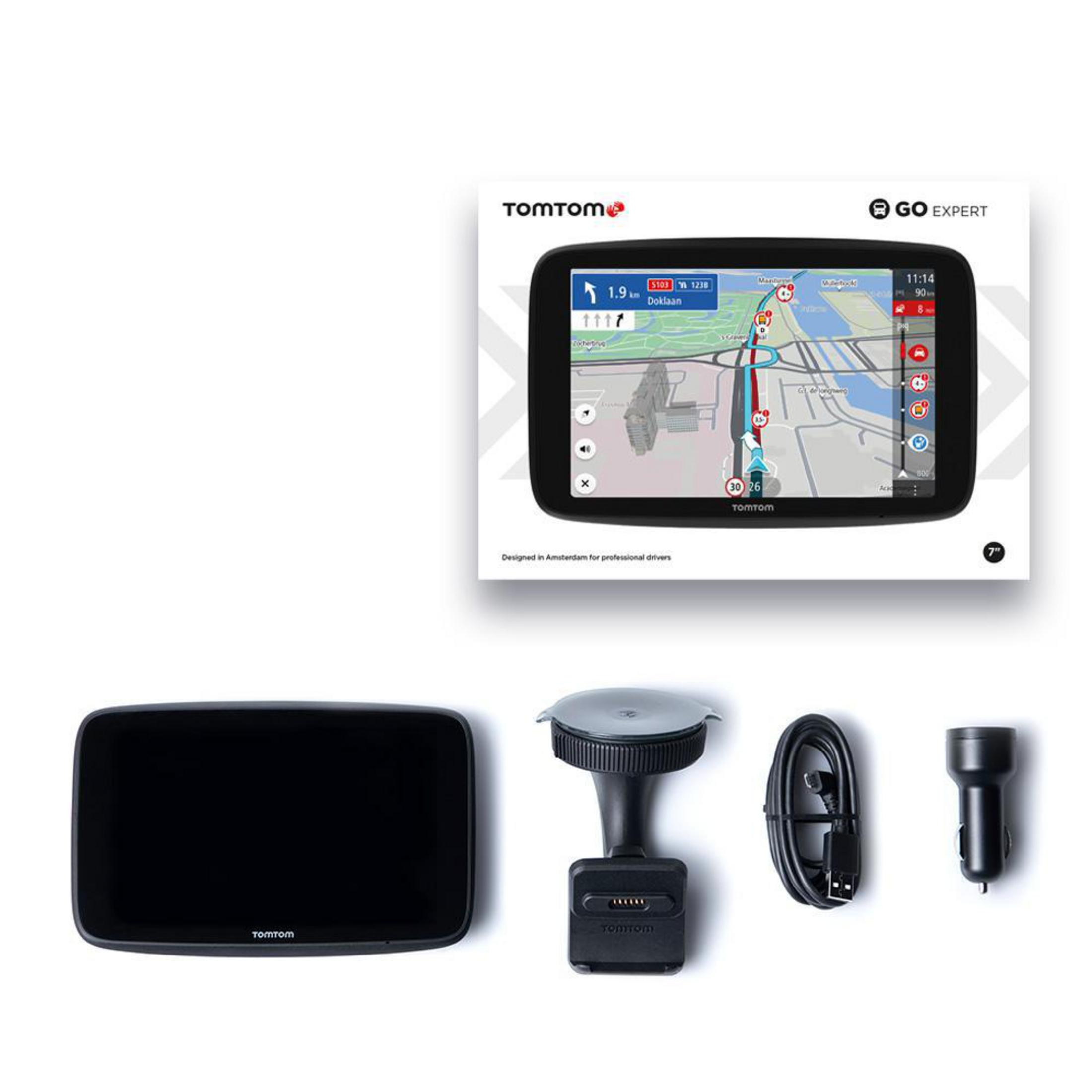 TomTom Navigationssystem mit Kartenanzeige. Zubehör: Halterung, Ladegerät und Kabel.