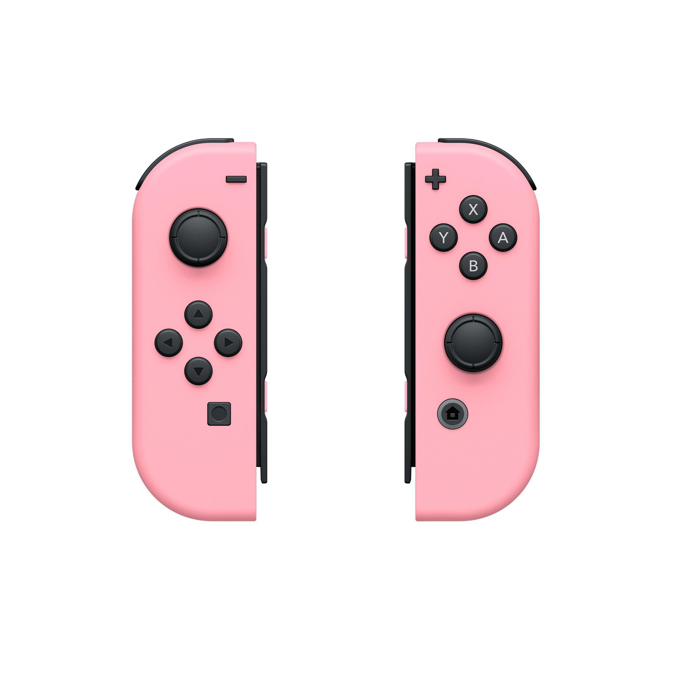Dwa różowe kontrolery Nintendo Switch Joy-Con, z widocznymi przyciskami i joystickami.