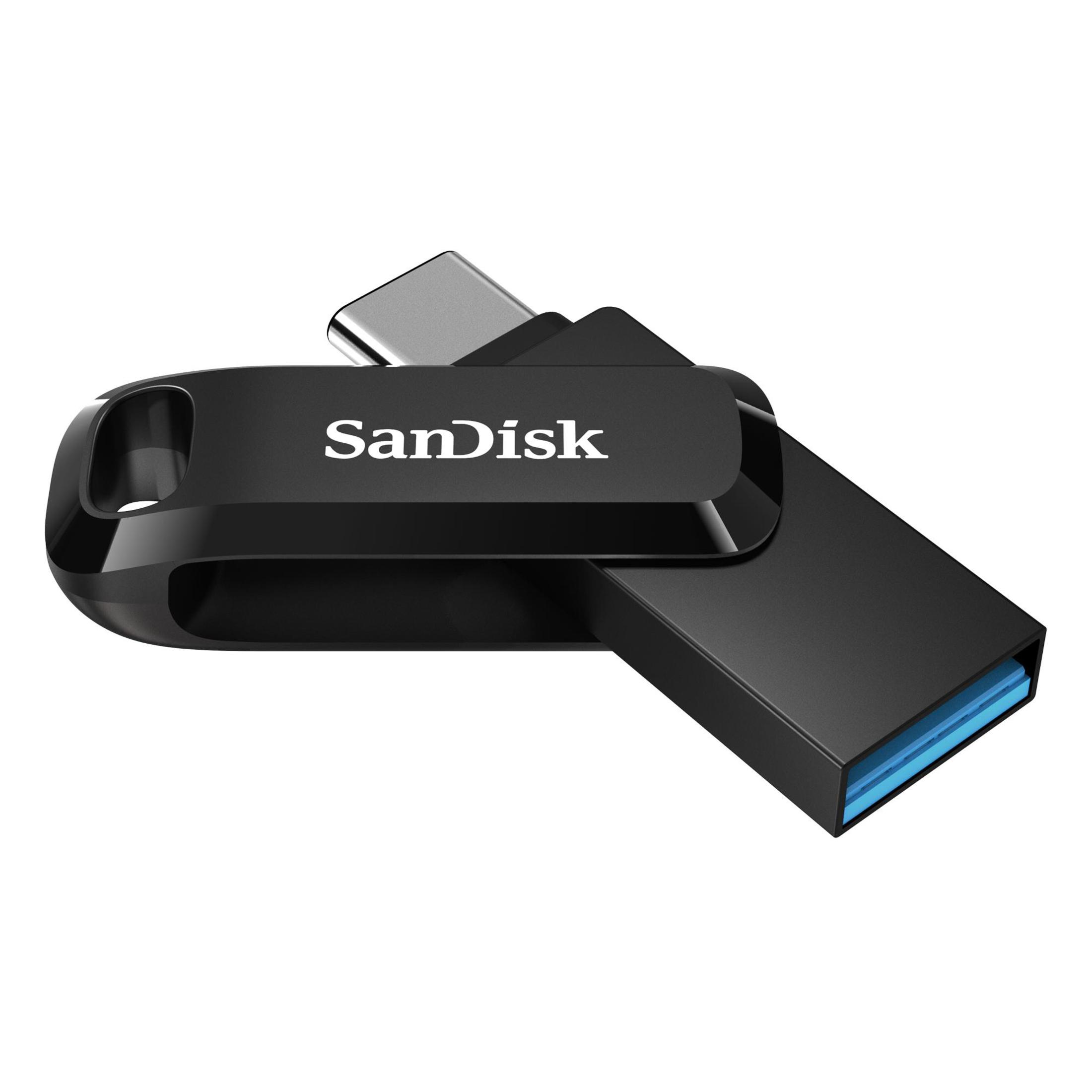 Czarny pendrive SanDisk. Srebrne złącze. Logo SanDisk na biało.