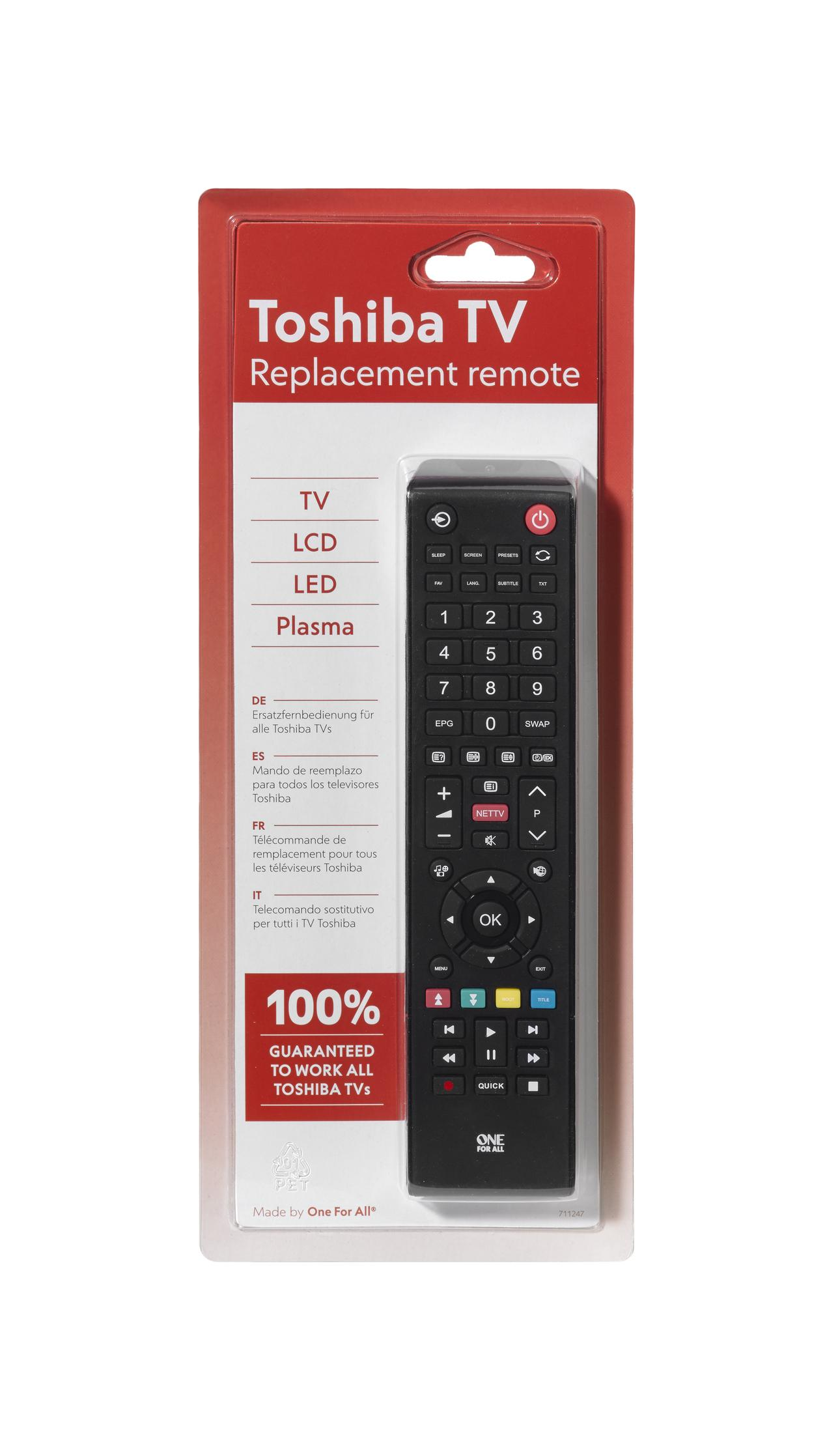 Pilot zamienny do telewizora Toshiba w przezroczystym opakowaniu. Pilot jest czarny z różnymi przyciskami i czerwonym przyciskiem zasilania.