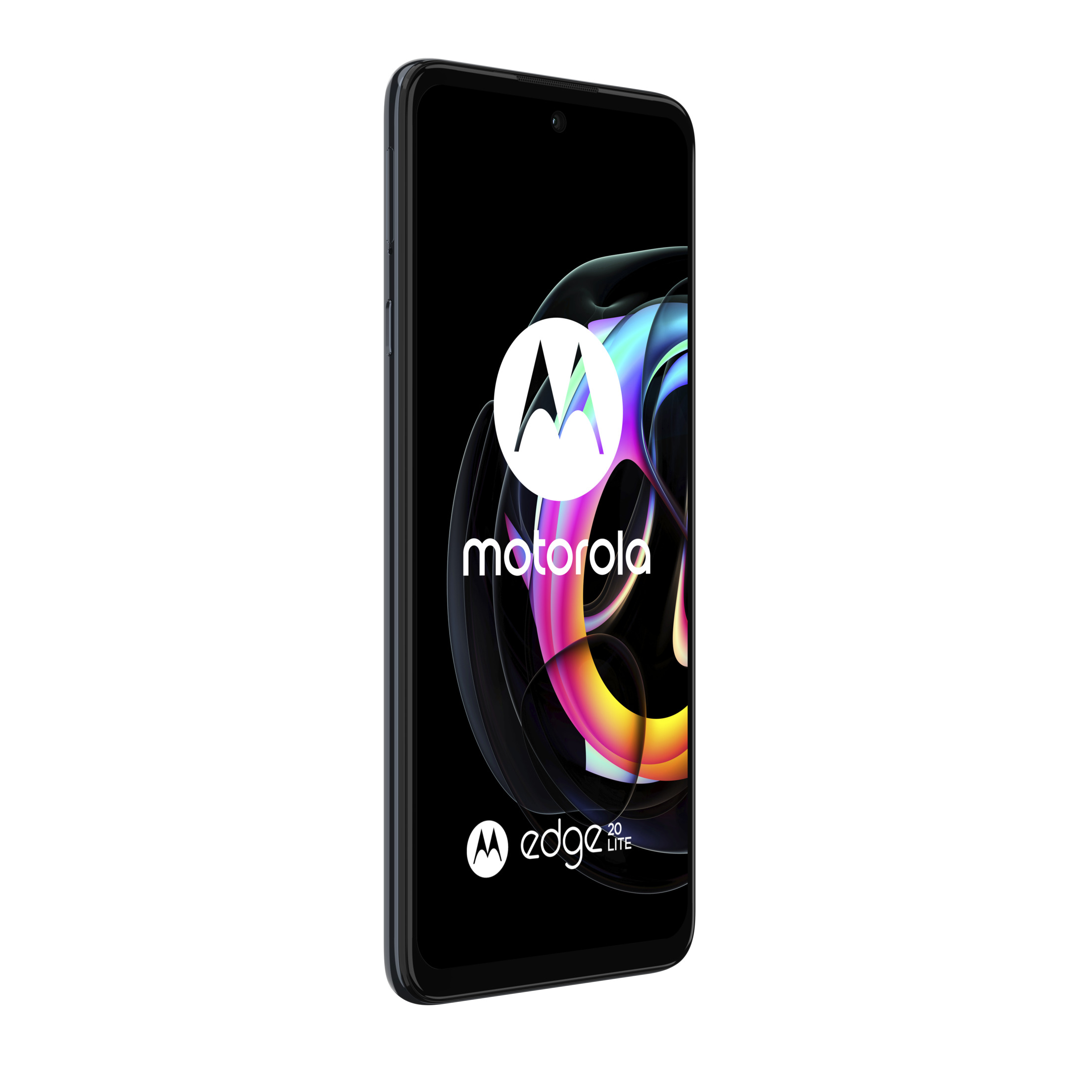 Een Motorola Edge 20 Lite smartphone, zwart, met een kleurrijk scherm met het Motorola-logo.