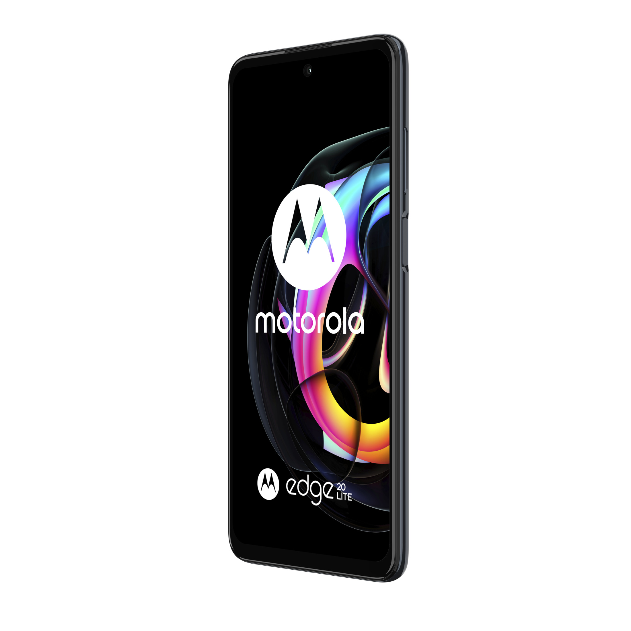 Een zwarte smartphone met het Motorola-logo en een kleurrijke achtergrond.