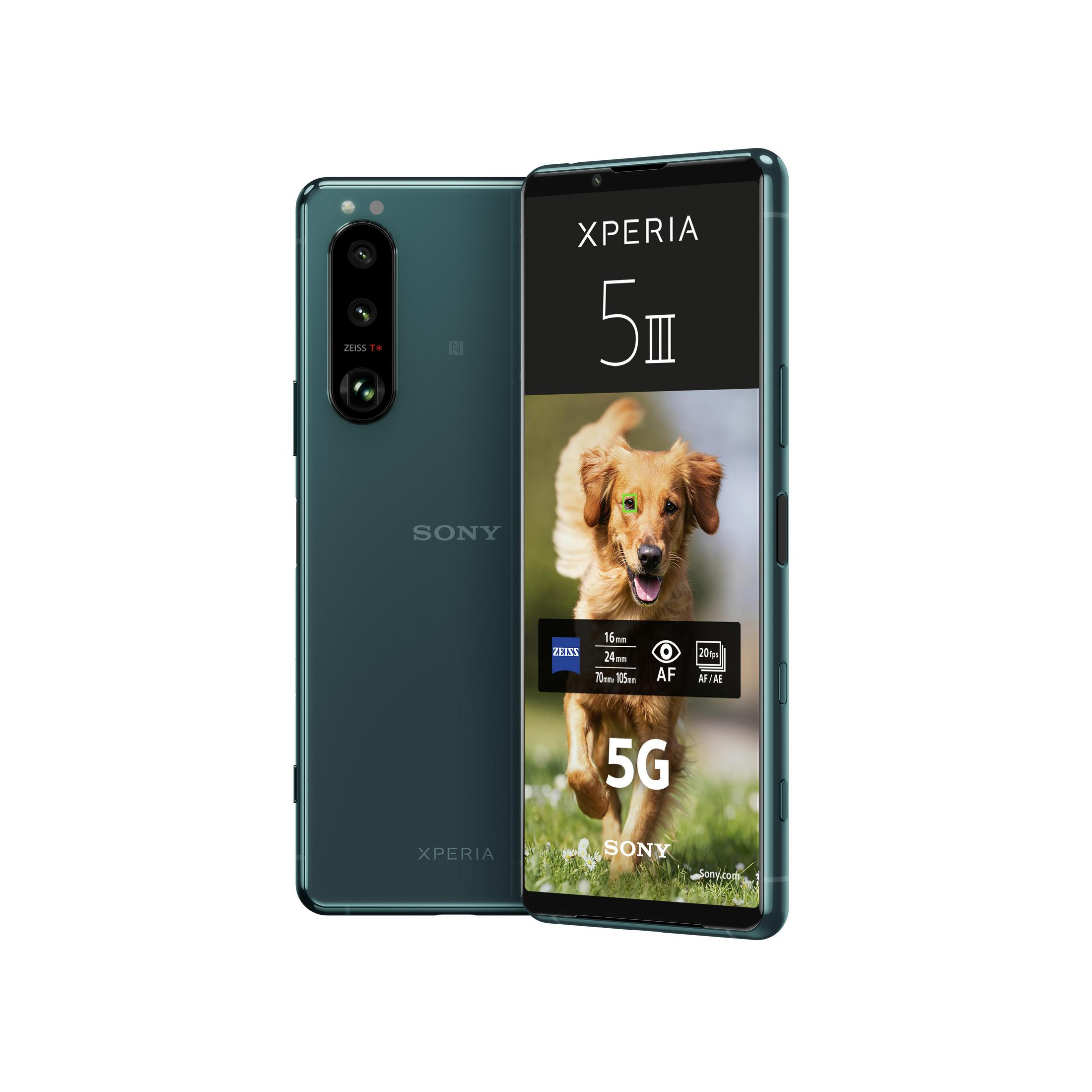 Zielony telefon komórkowy Sony Xperia 5 III, prezentujący tylny i przedni wyświetlacz.