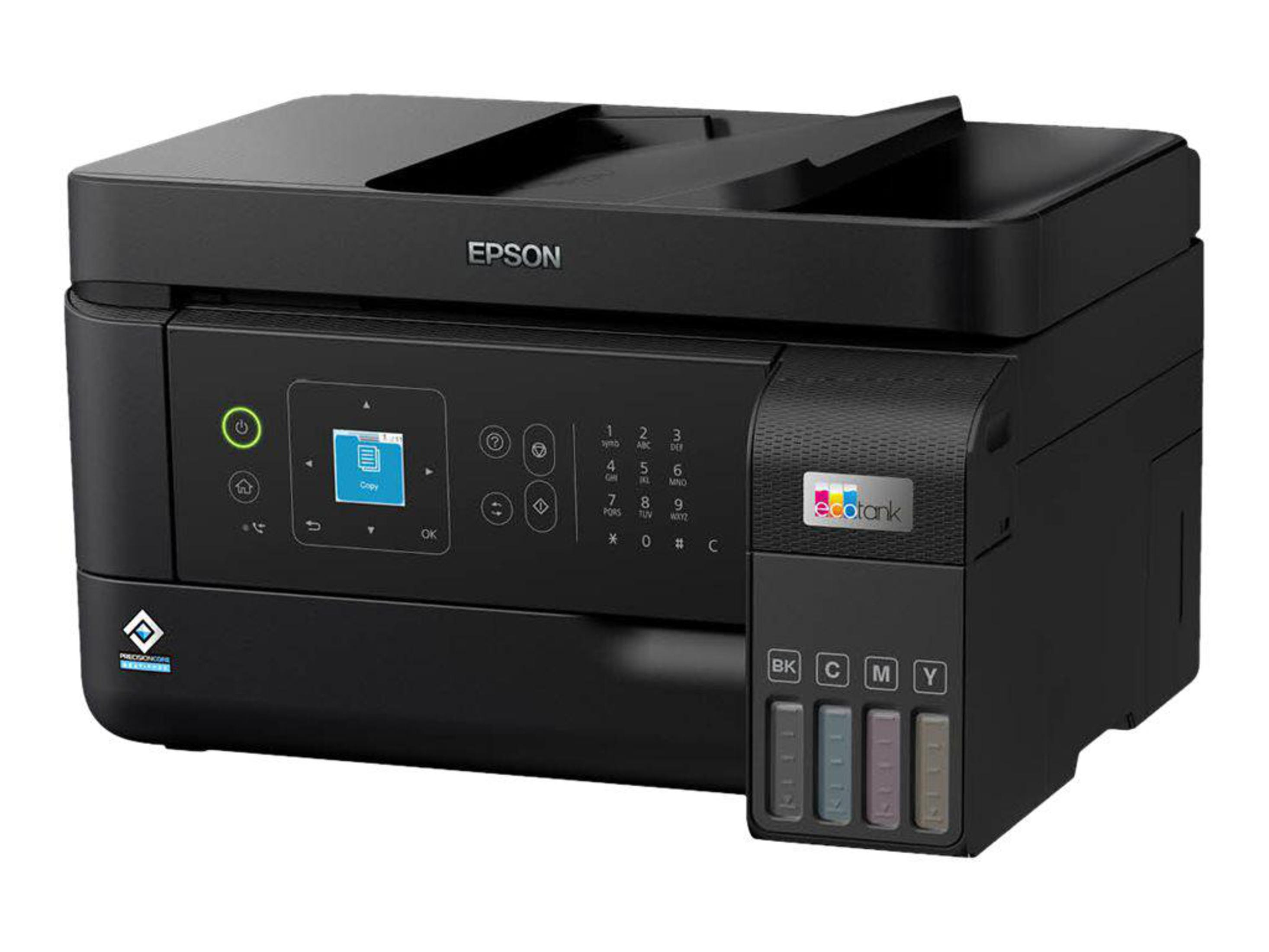Stampante Epson EcoTank nera con serbatoi di inchiostro, pannello di controllo e vassoio.