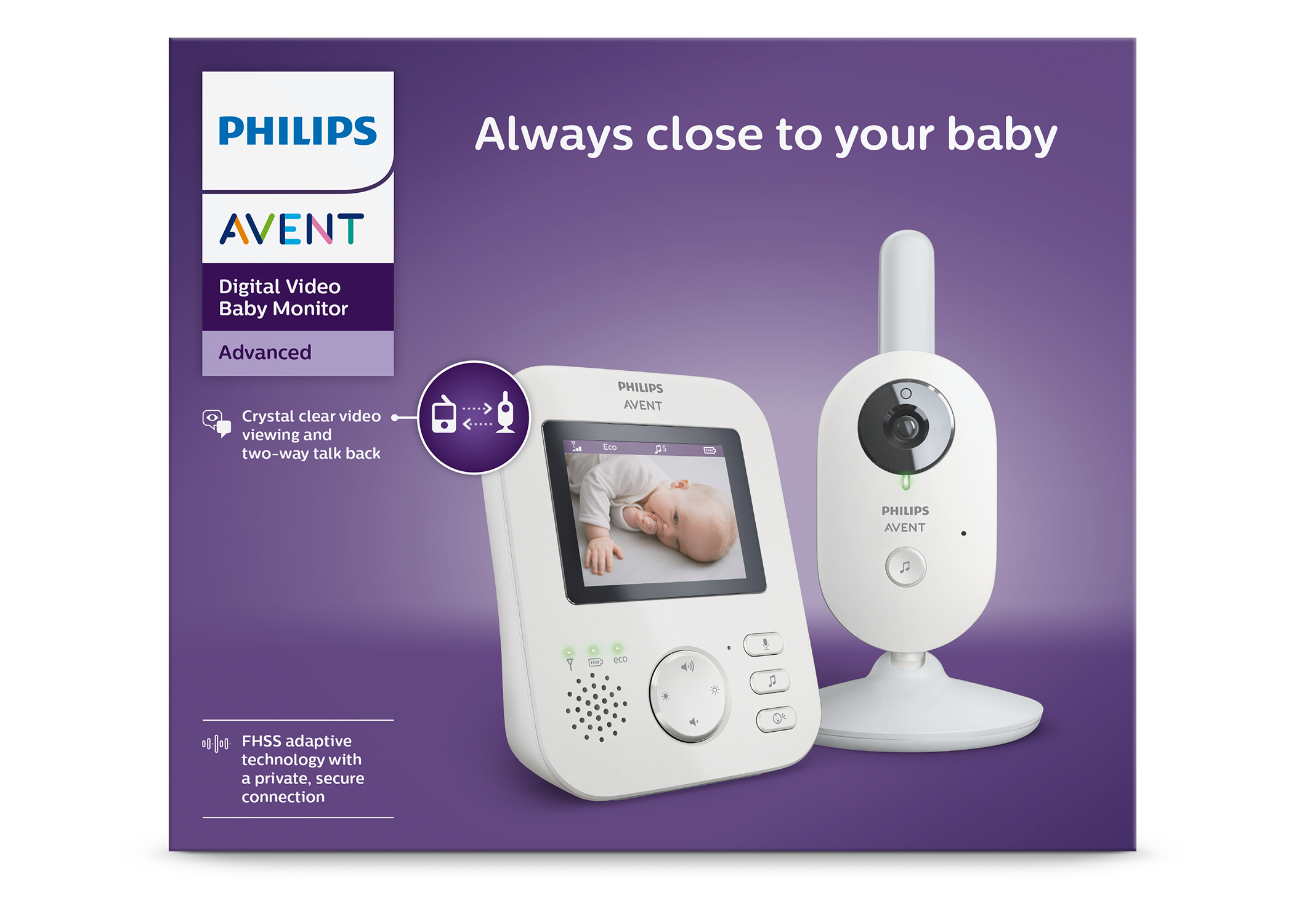 Ein Philips Avent Babyphone-Set, einschließlich Elterneinheit und Babyeinheit, mit lila Hintergrund.