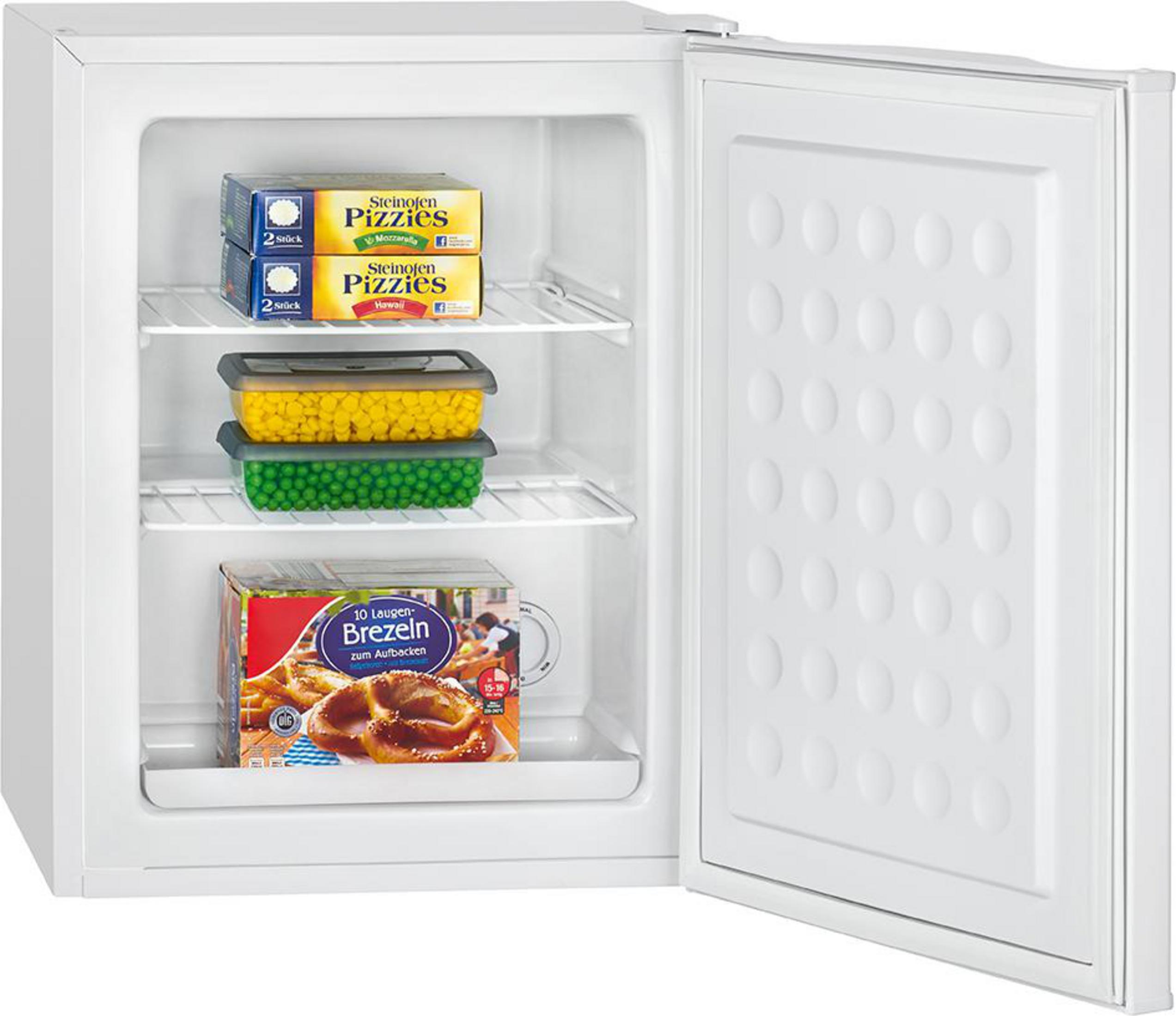 Ein kleiner weißer Kühlschrank mit Essen darin, Tür offen.
