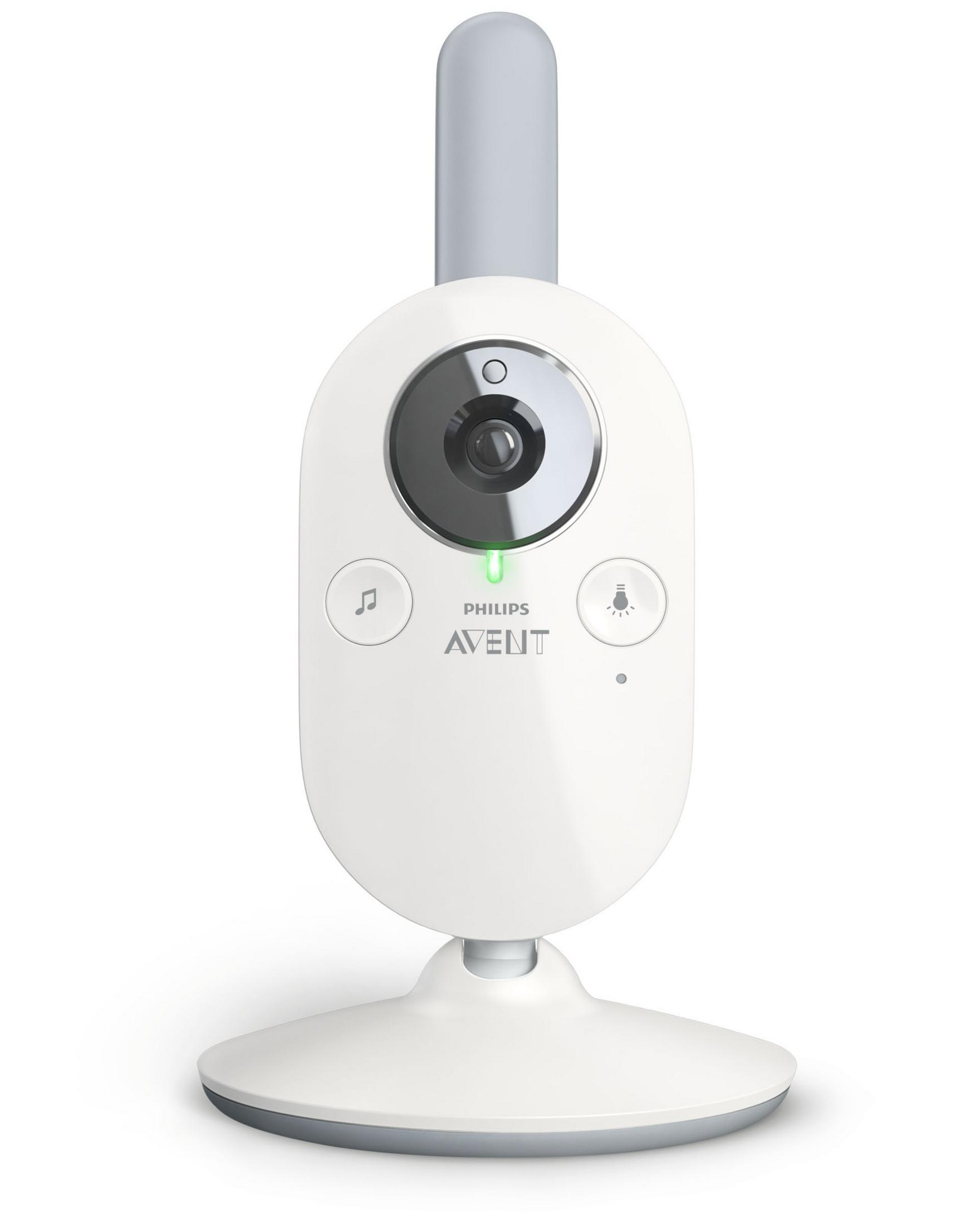 Weißer Babyphone. Es hat eine Kamera, Lautsprecher und Mikrofon. Weißer Hintergrund.
