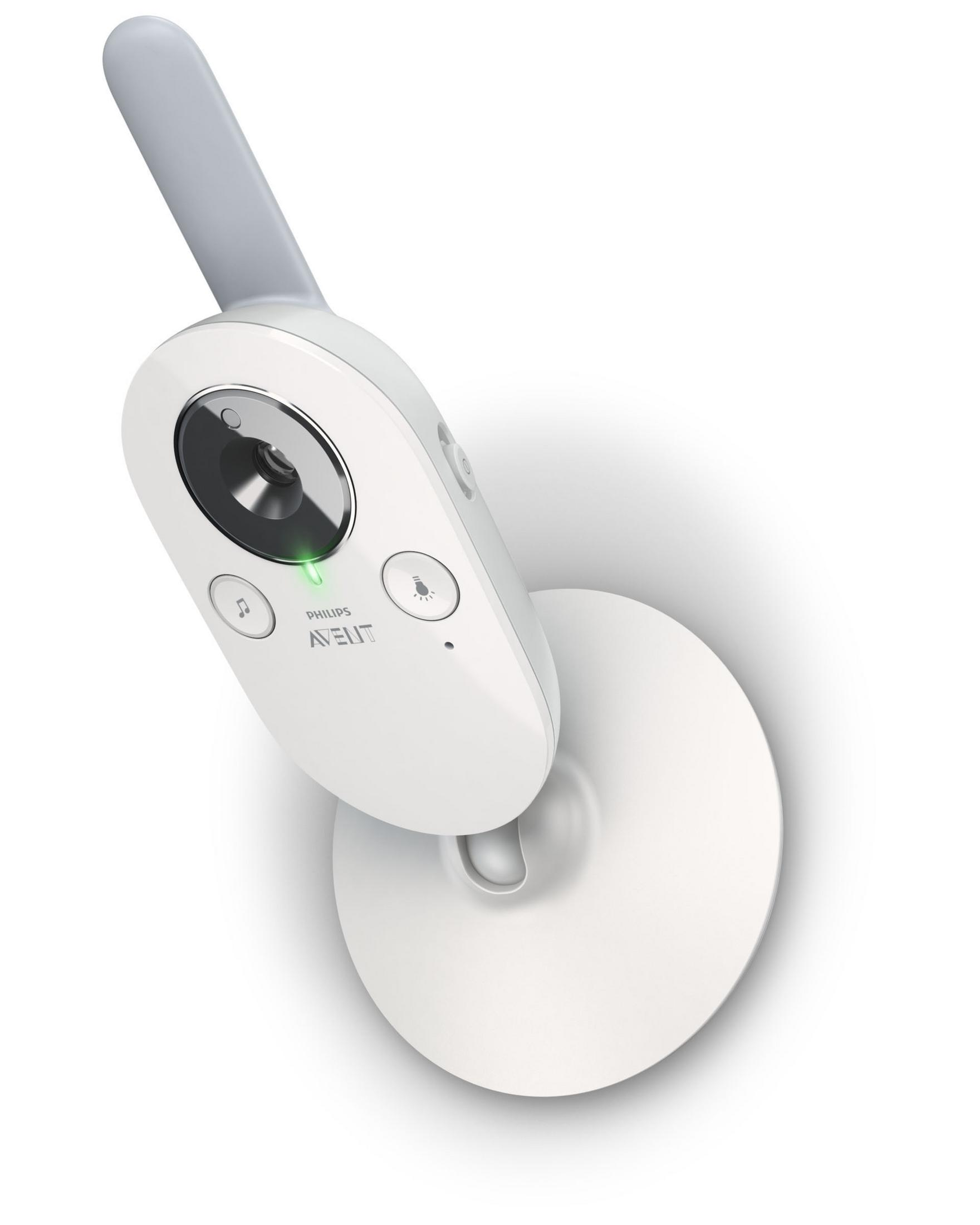 Weißer Babyphone mit grauer Antenne und kreisförmiger Basis, auf weißem Hintergrund, schräge Ansicht.