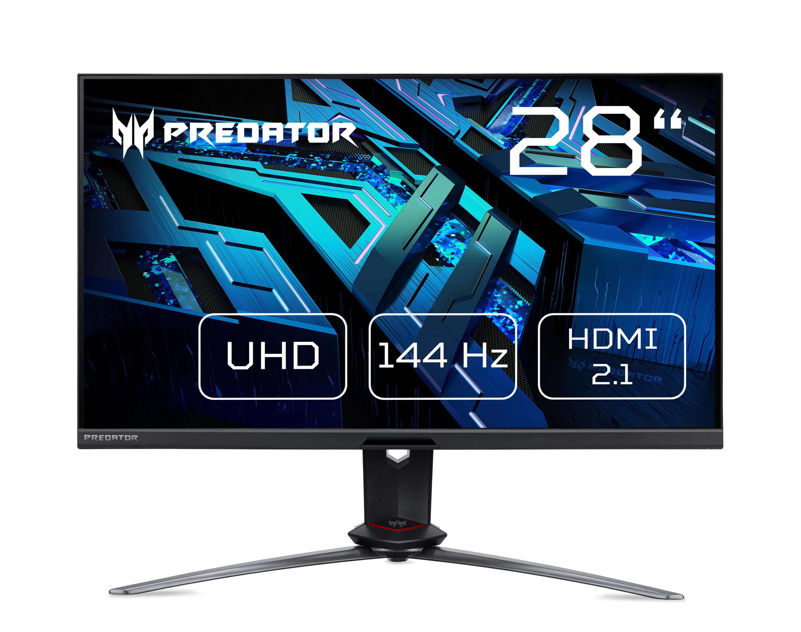 28-Zoll Predator Gaming-Monitor mit UHD, 144 Hz und HDMI 2.1. Schwarzer Standfuß.