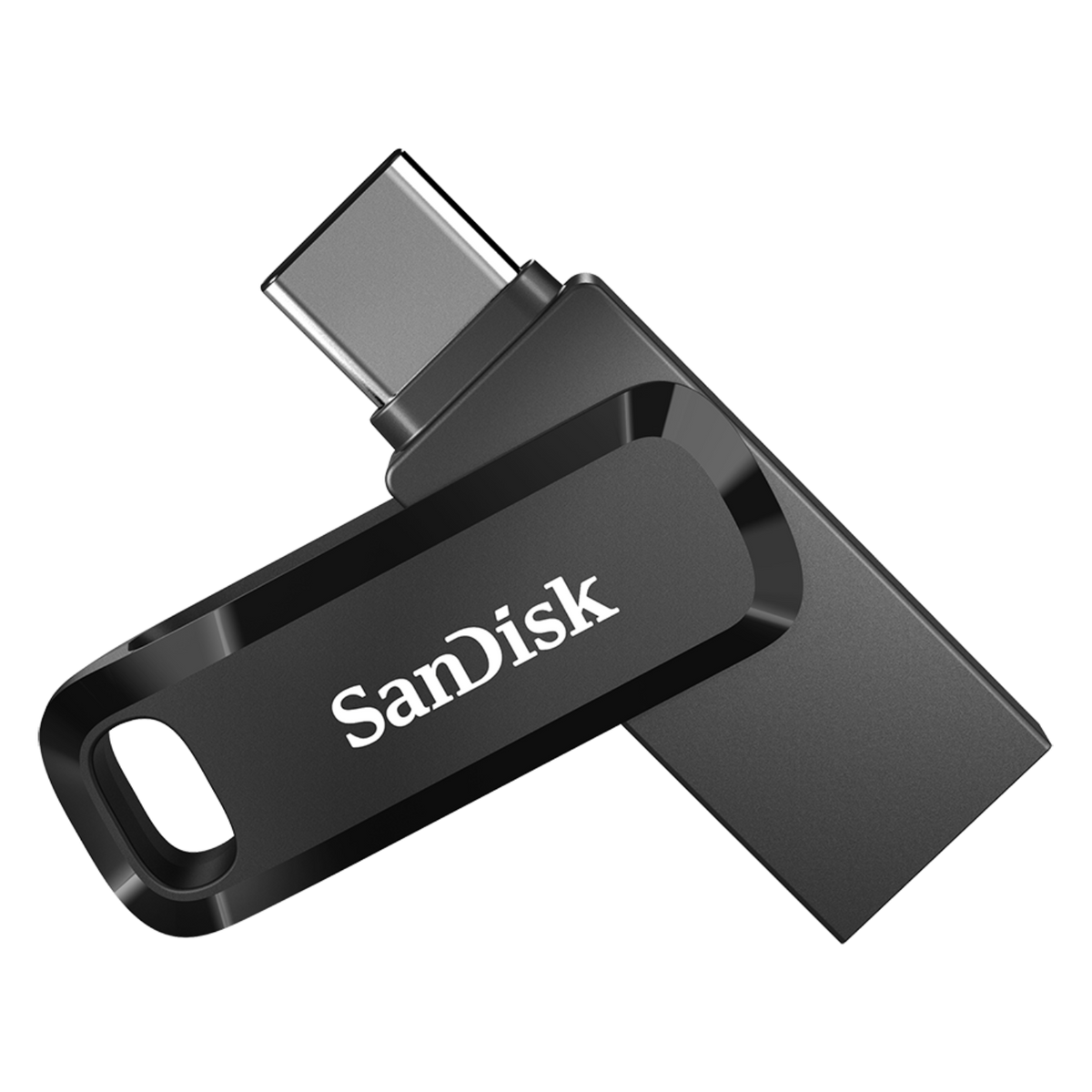 Una unidad USB SanDisk negra y plateada. El logo de SanDisk es visible.