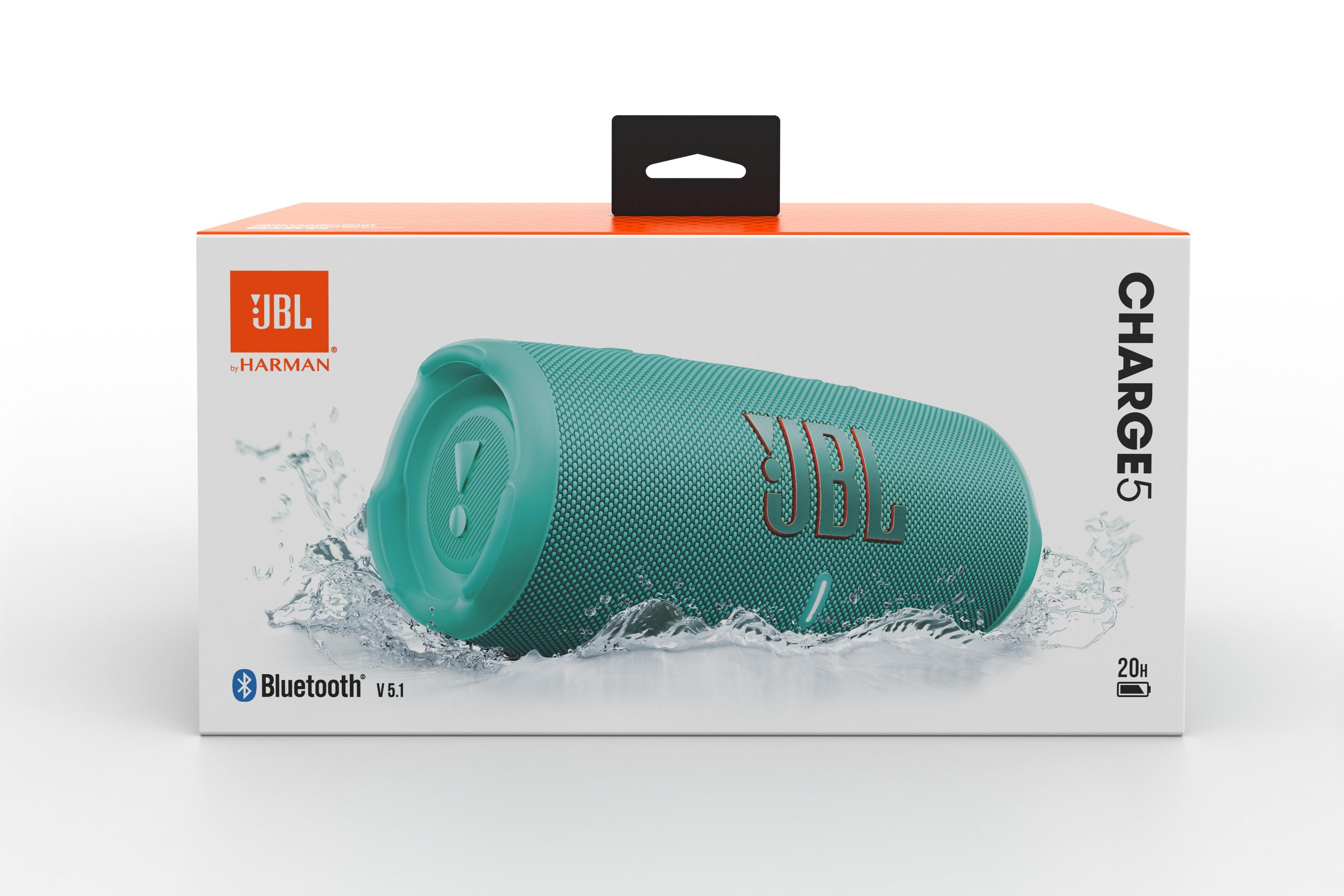 Pudełko głośnika JBL Charge 5, widoczny turkusowy głośnik z grafiką rozprysku wody.