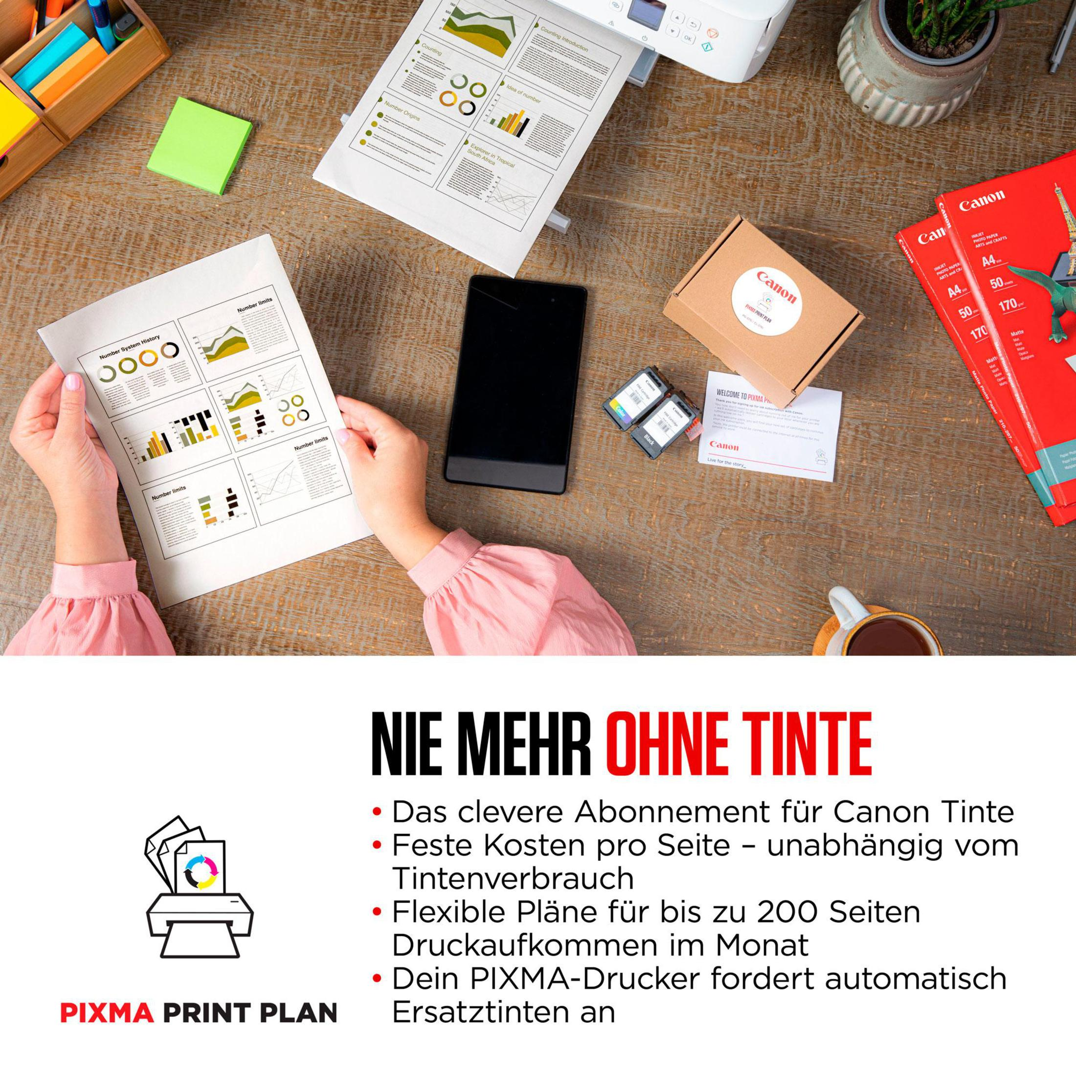 Una scrivania con documenti, una stampante, cartucce d'inchiostro e testo su un piano di stampa.