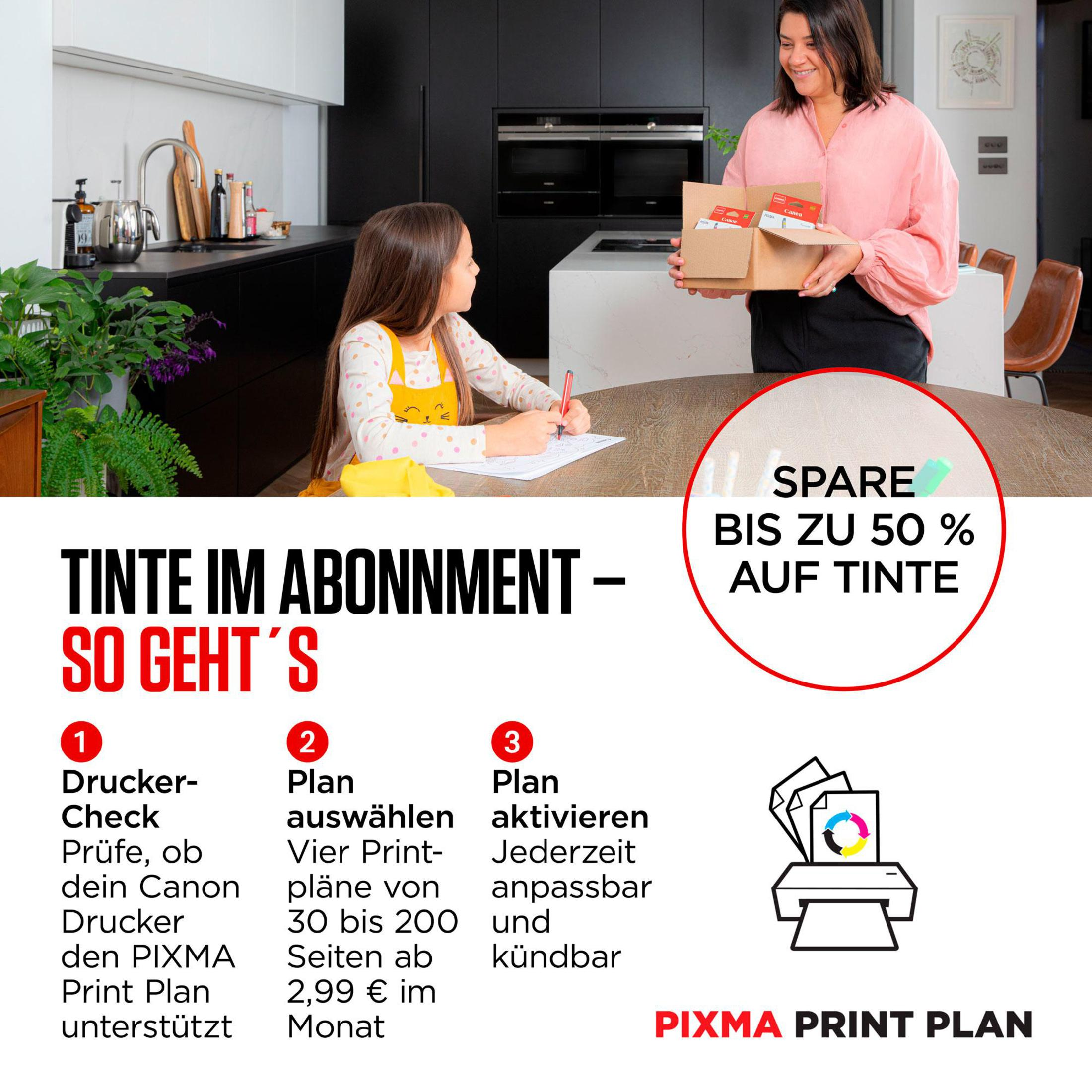 Donna con scatole, ragazza che scrive. Testo sull'abbonamento all'inchiostro.