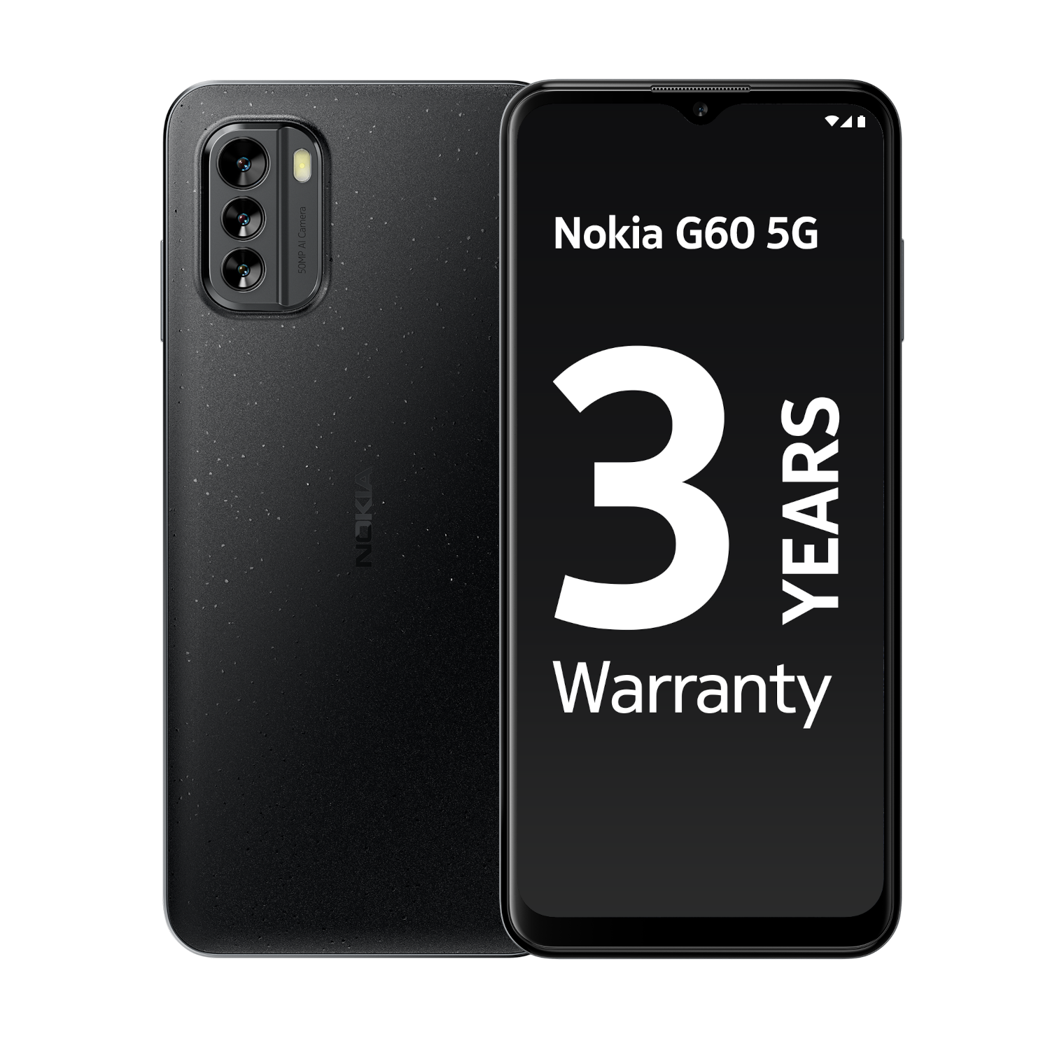 Ein schwarzes Nokia-Handy mit Dreifachkamera. Zeigt '3 JAHRE GARANTIE' auf dem Bildschirm.