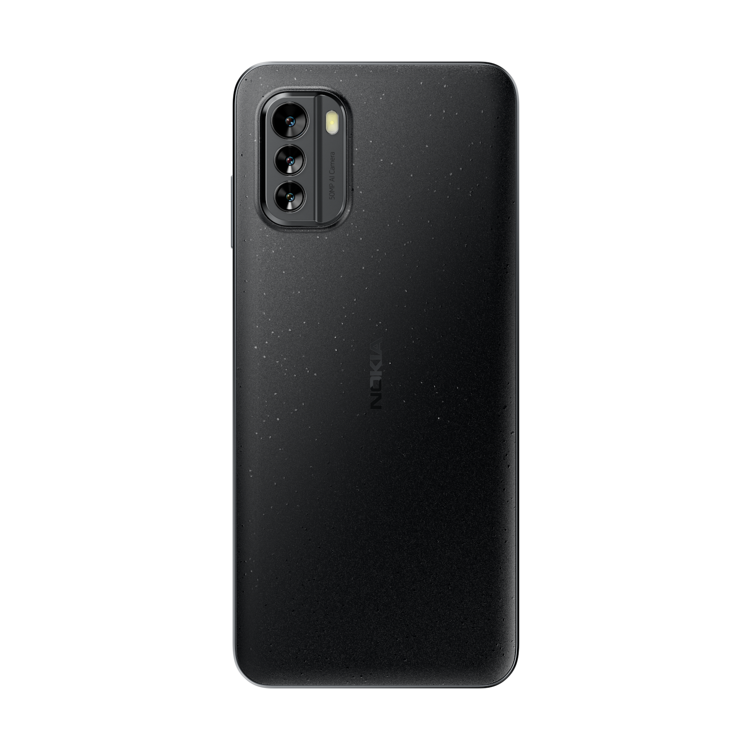 Schwarze Telefonrückseite mit Dreifachkamera. Nokia-Logo sichtbar. Das Telefon hat eine strukturierte Oberfläche.