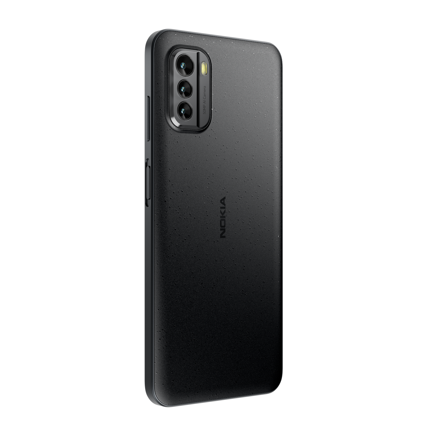 Schwarzes Nokia-Smartphone mit Dreifach-Kamera auf schwarzem Hintergrund.