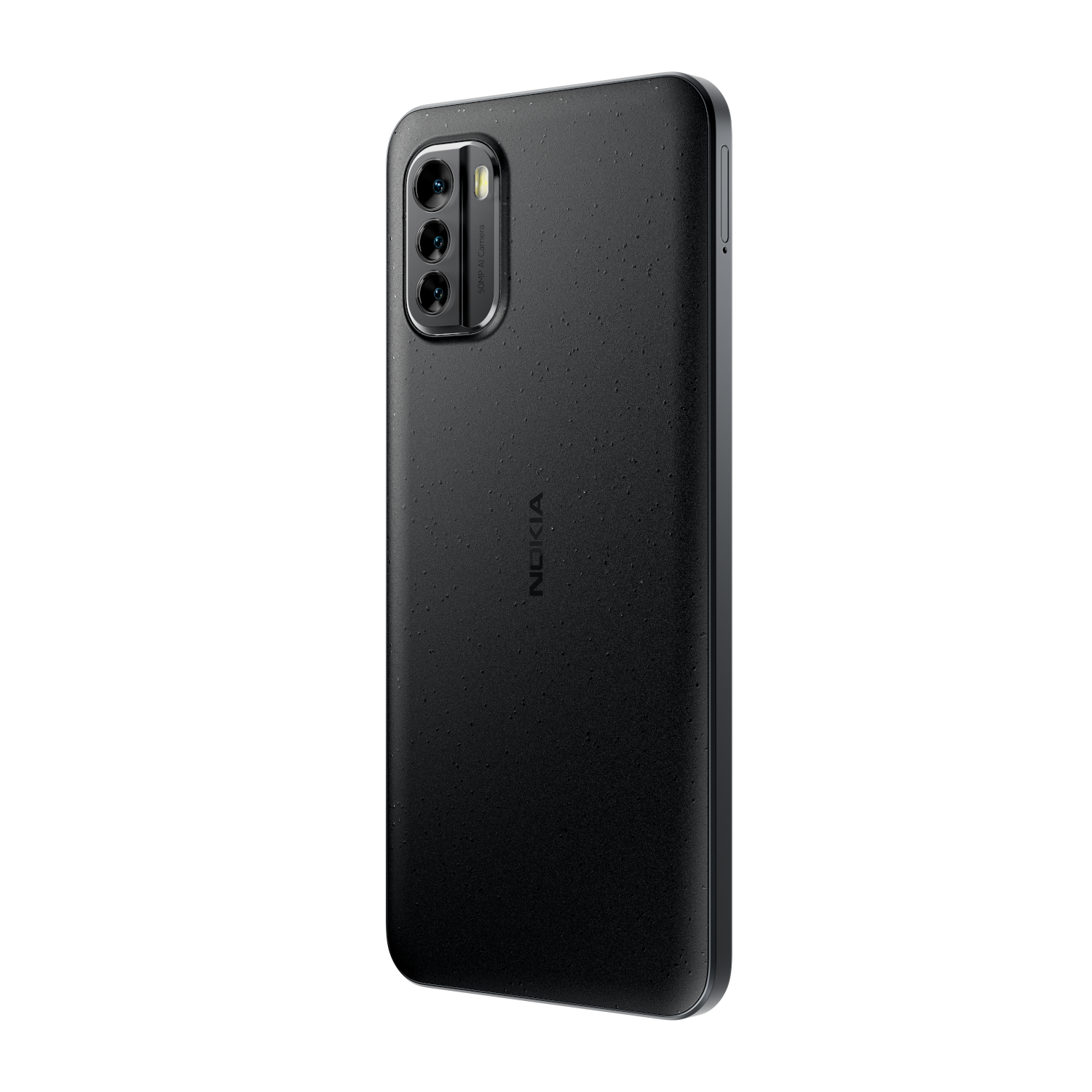 Schwarzes Nokia-Handy. Dreifach-Kamerasystem. Rückseite. Schwarzer Hintergrund.