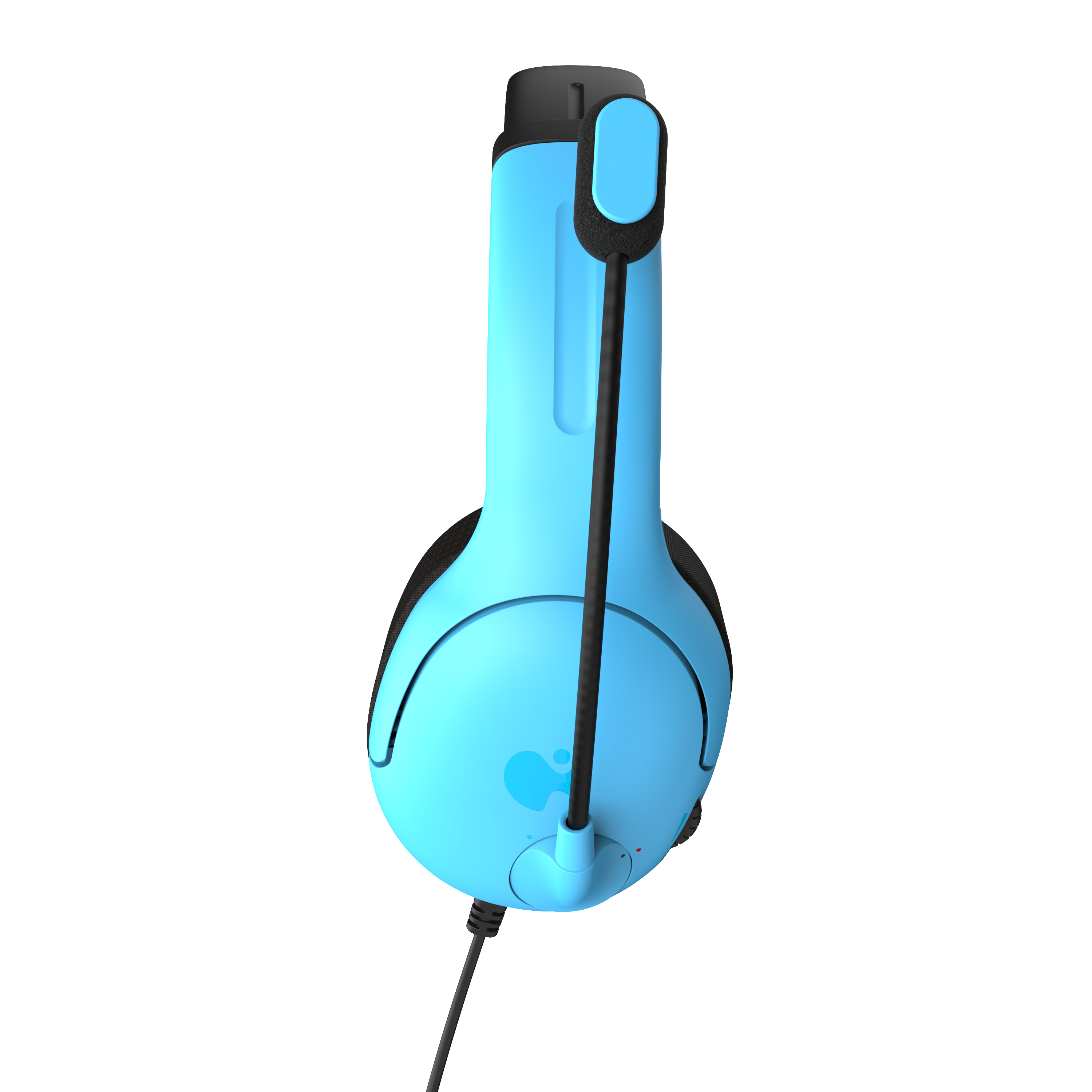 Jasnoniebieski zestaw słuchawkowy dla graczy na czarnym tle.