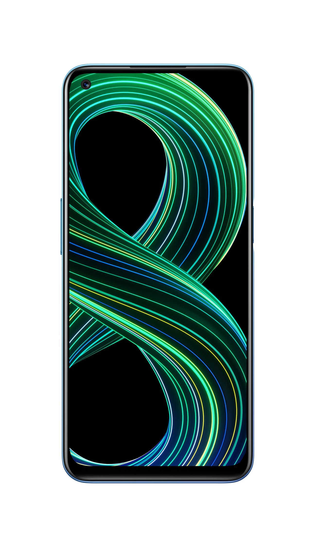 Ein blaues Realme 8 Smartphone. Der Bildschirm zeigt ein grünes und blaues abstraktes Design. Weißer Hintergrund.