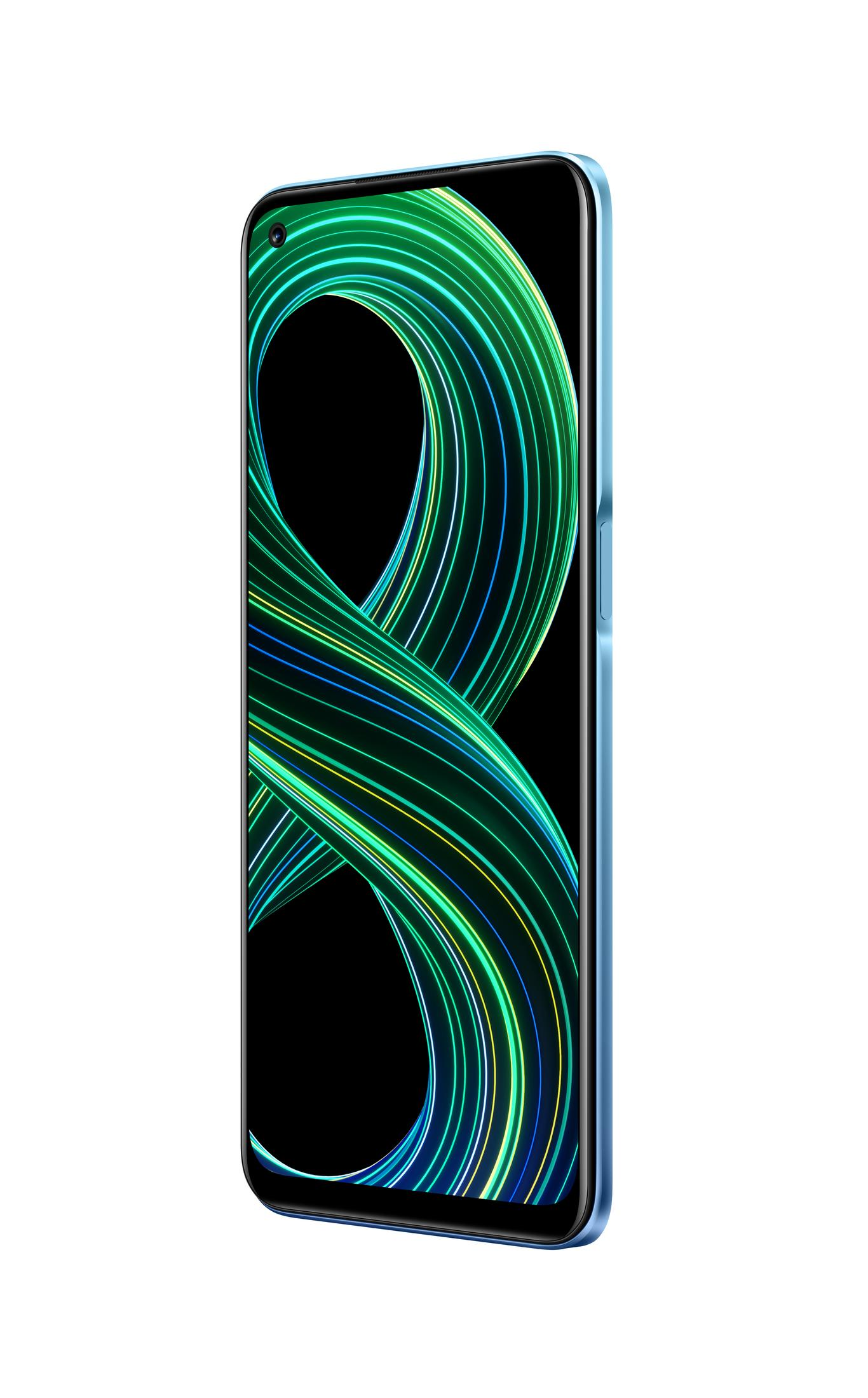 Blaues Smartphone mit großem Bildschirm, der ein abstraktes, grünes und blaues Wellenmuster zeigt.