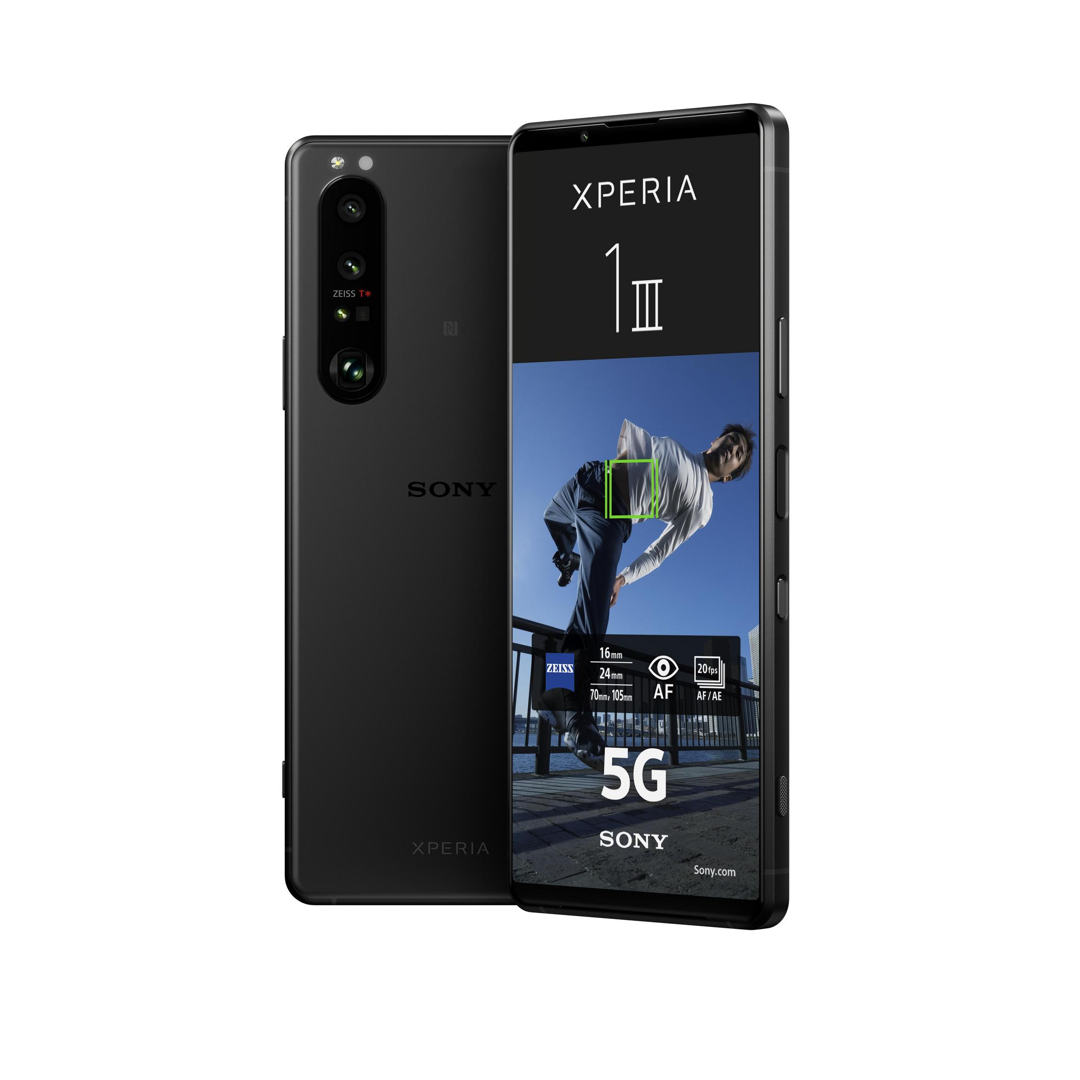 Ein schwarzes Sony Xperia Telefon, mit einem anderen Telefon, das eine Szene zeigt.
