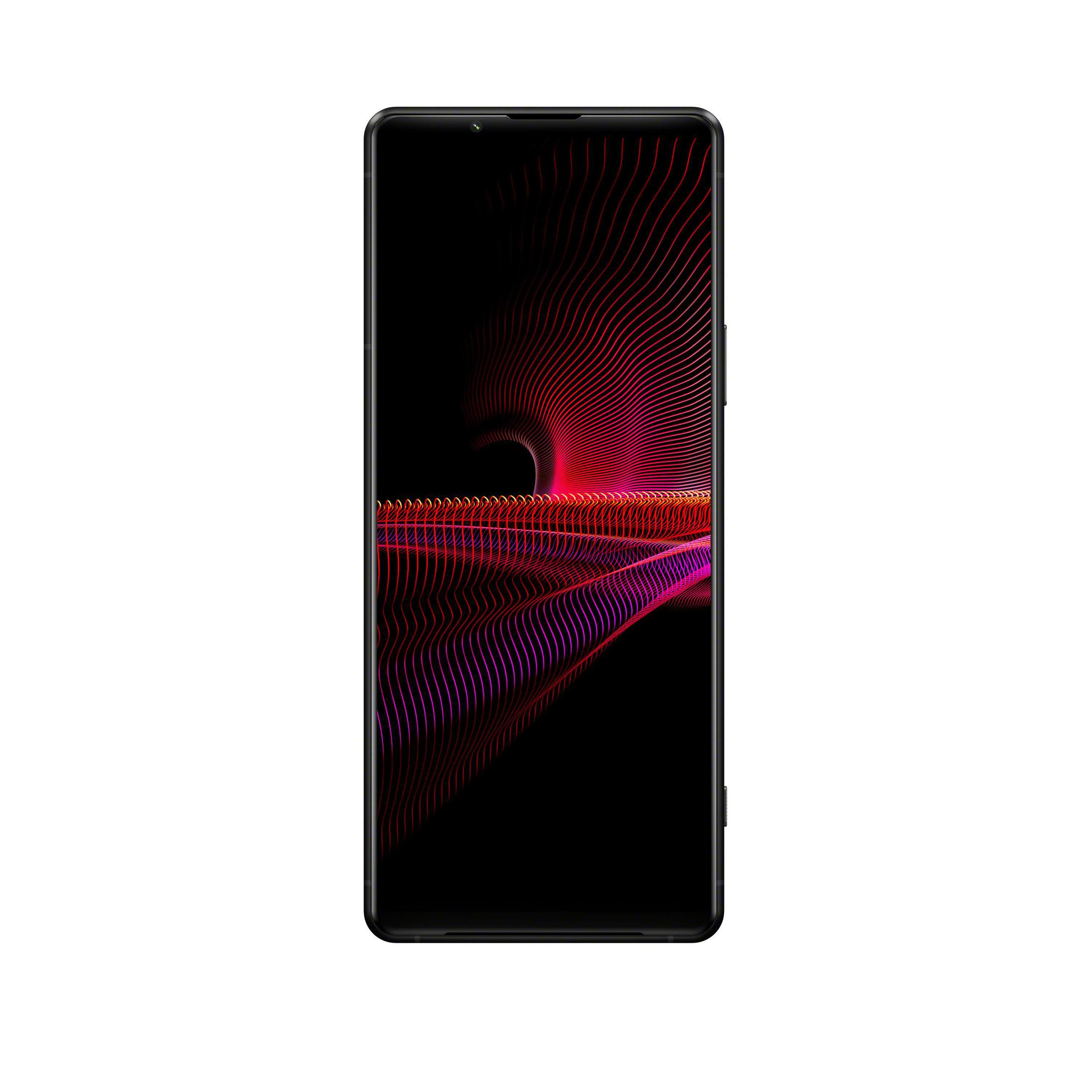 Ein schwarzes Smartphone, das ein lebendiges, rotes und violettes abstraktes Design auf seinem Bildschirm zeigt.